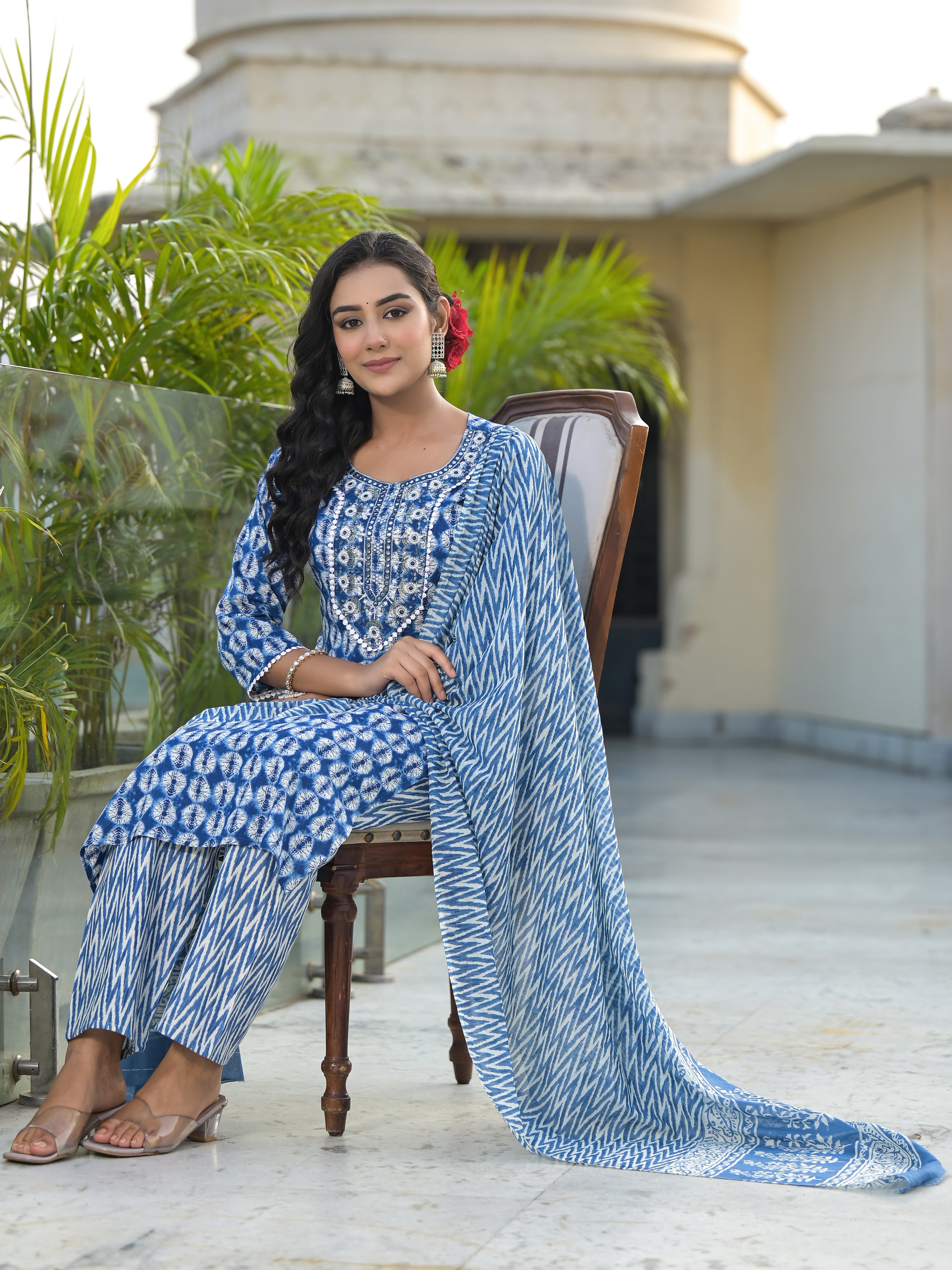 Women Rayon Blue Yoke Embroidery & Printed Kurta Pant with Dupatta Set