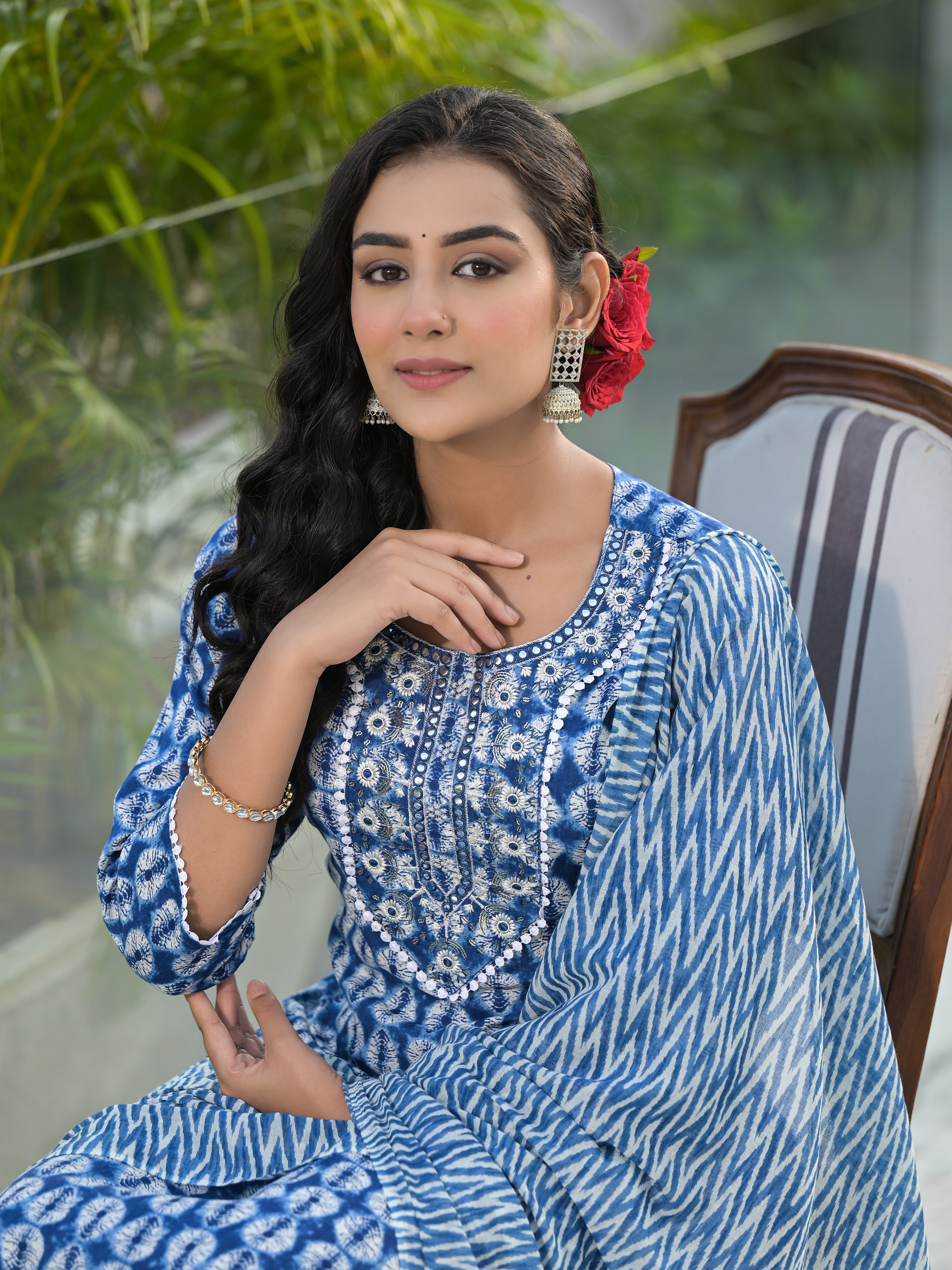 Women Rayon Blue Yoke Embroidery & Printed Kurta Pant with Dupatta Set