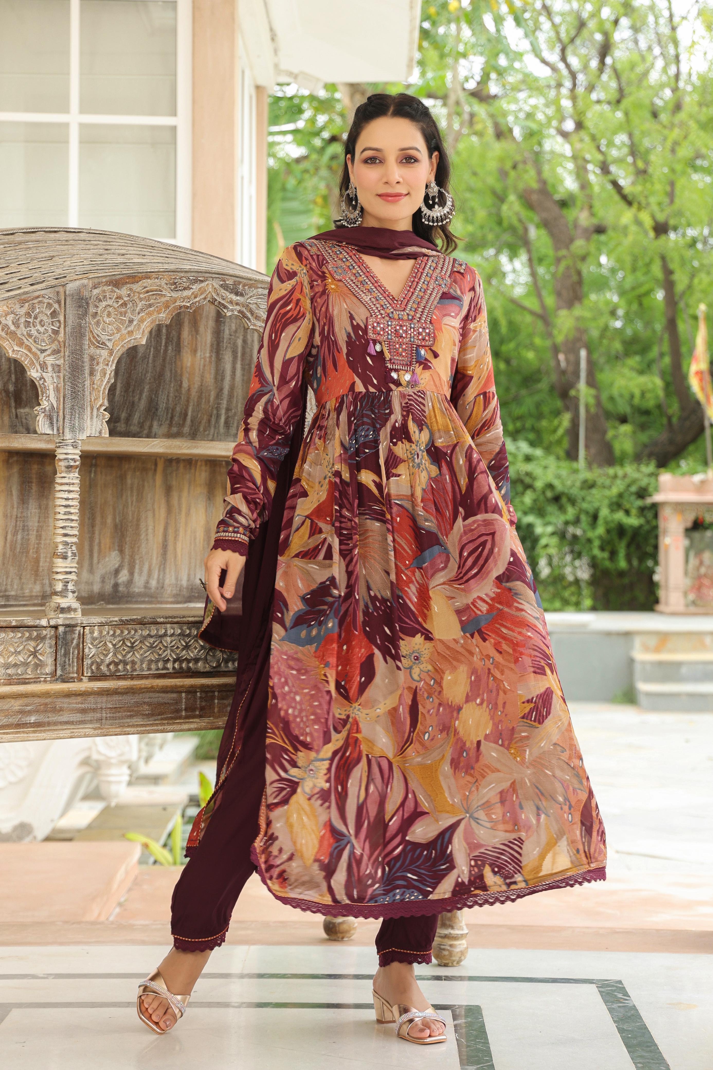 Women Maroon Printed Chinoon Kurta with Solid Maroon Pant & solid Dupatta Set