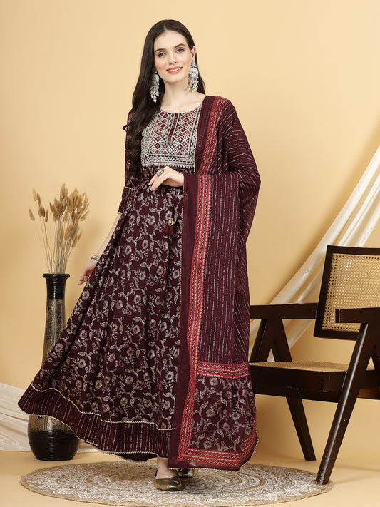 Women Maroon Gold Printed Anarkali Kurta with Trouser & Dupatta