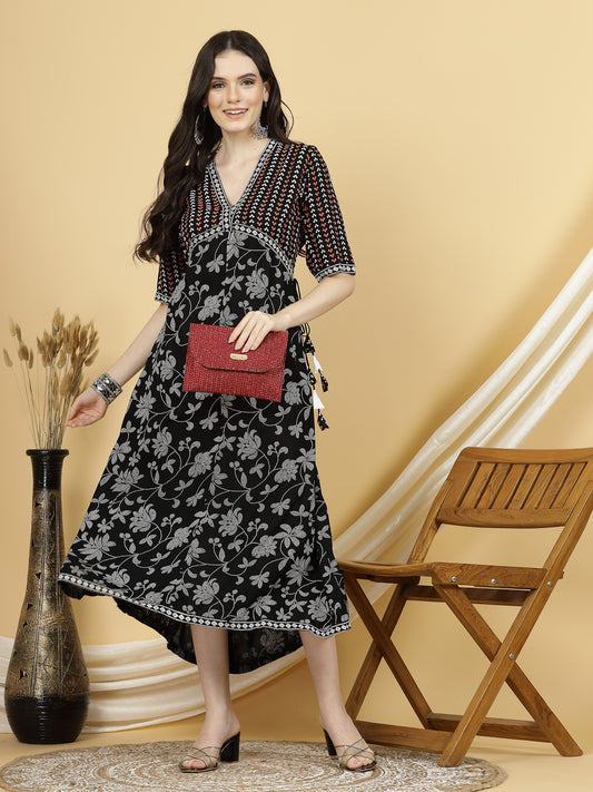 Women Black Printed V-neck, 3/4 Sleeves, Midi Length A-line Dress