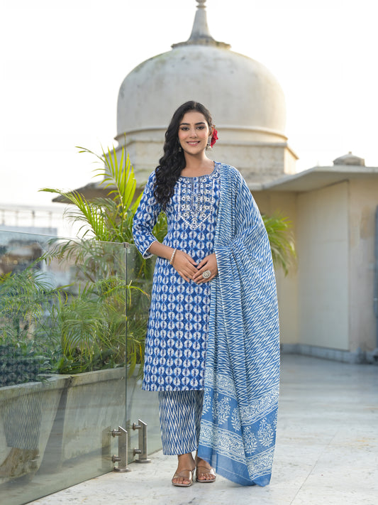 Women Rayon Blue Yoke Embroidery & Printed Kurta Pant with Dupatta Set