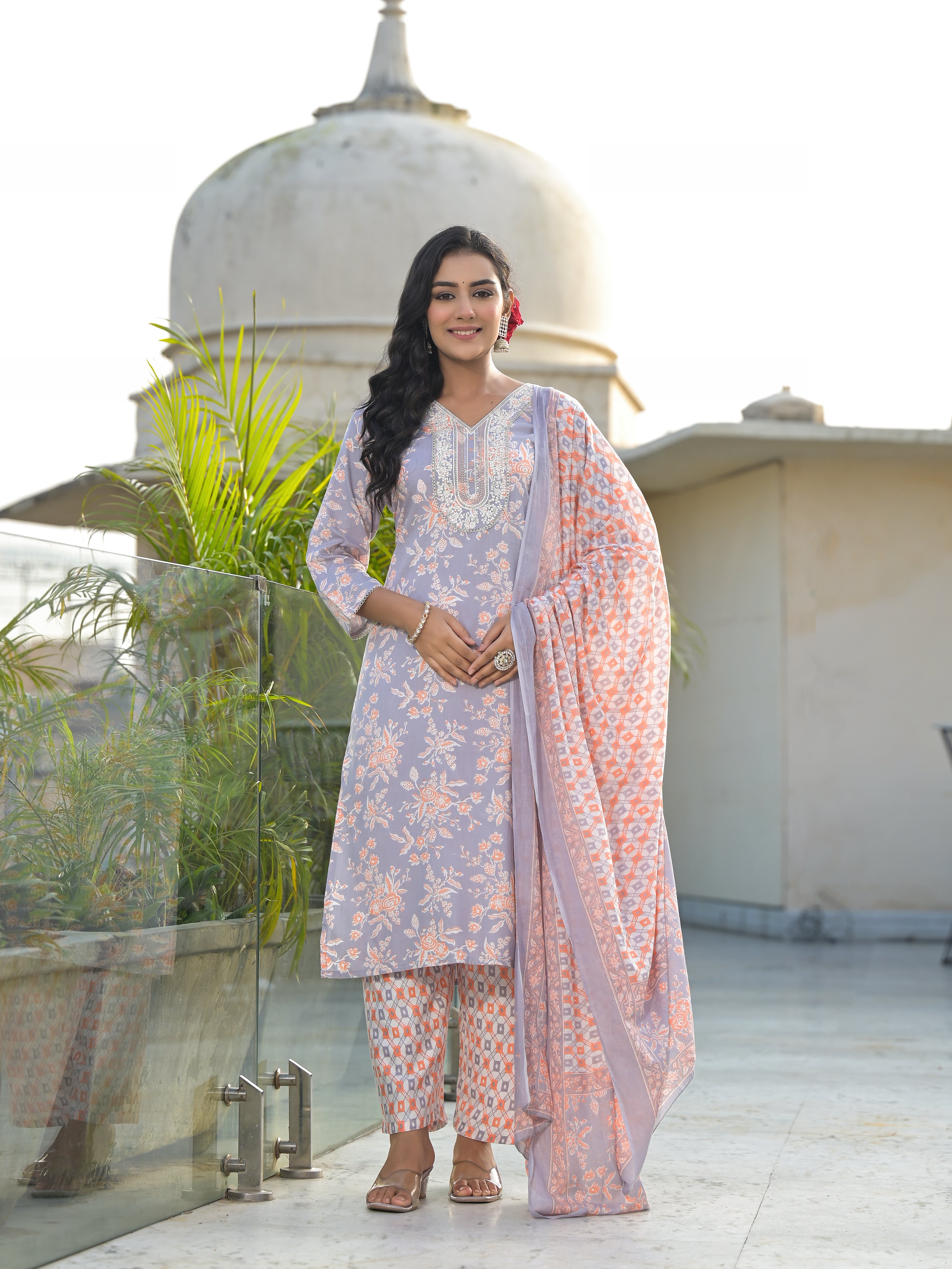 Women Rayon Grey & Orange Yoke Embroidery & Printed Kurta Pant with Dupatta Set