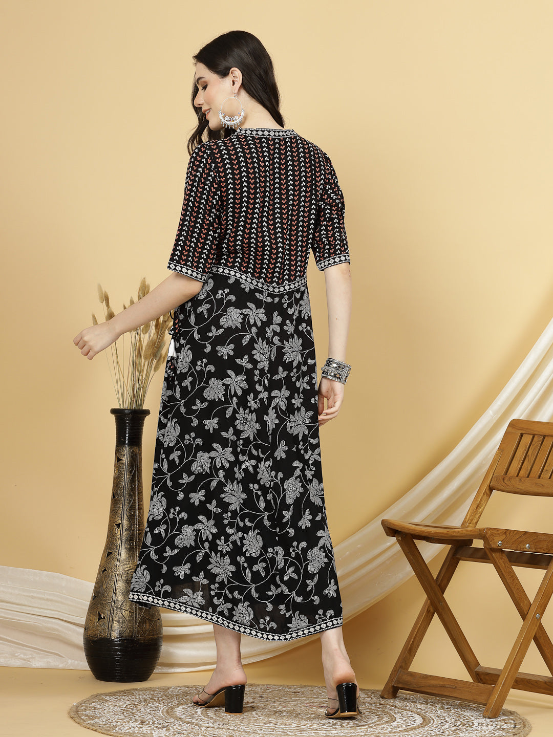 Women Black Printed V-neck, 3/4 Sleeves, Midi Length A-line Dress