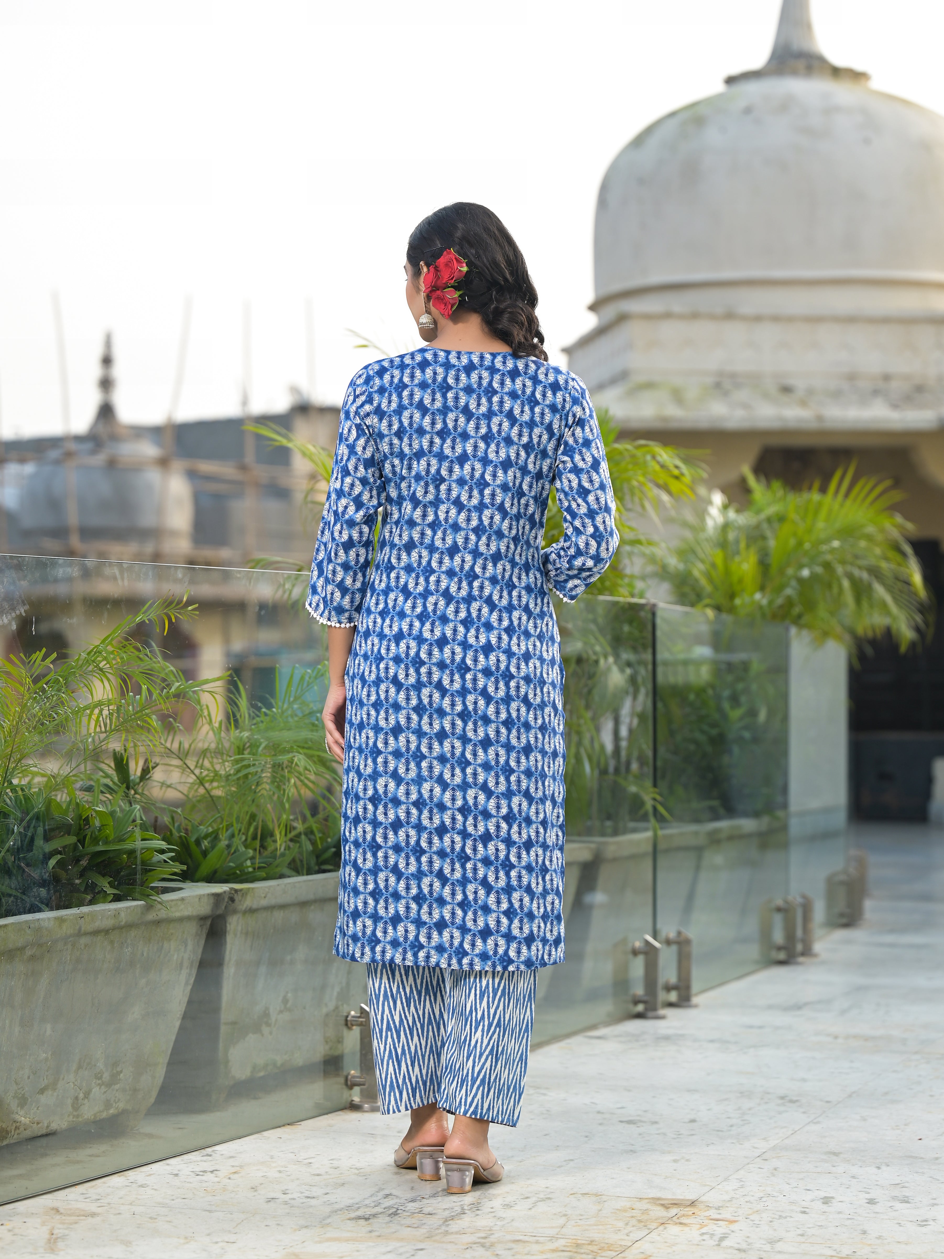 Women Rayon Blue Yoke Embroidery & Printed Kurta Pant with Dupatta Set