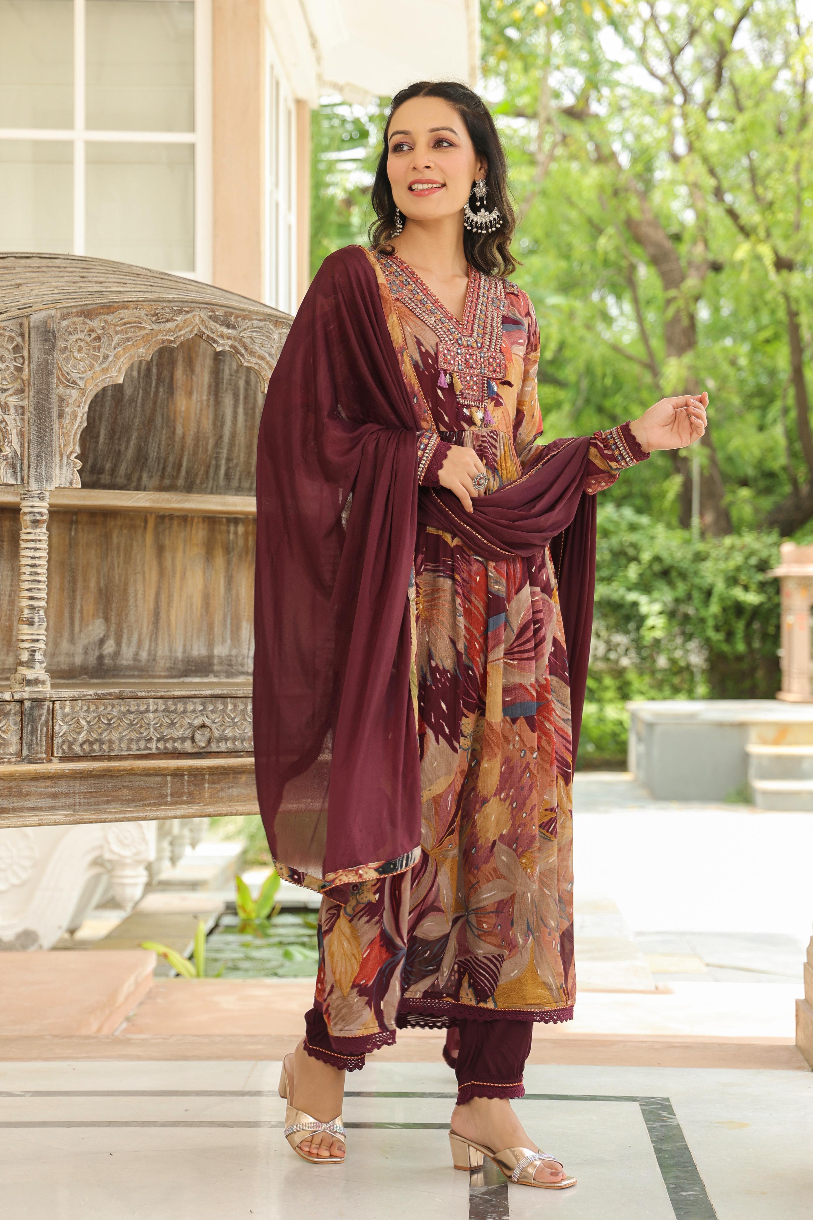 Women Maroon Printed Chinoon Kurta with Solid Maroon Pant & solid Dupatta Set