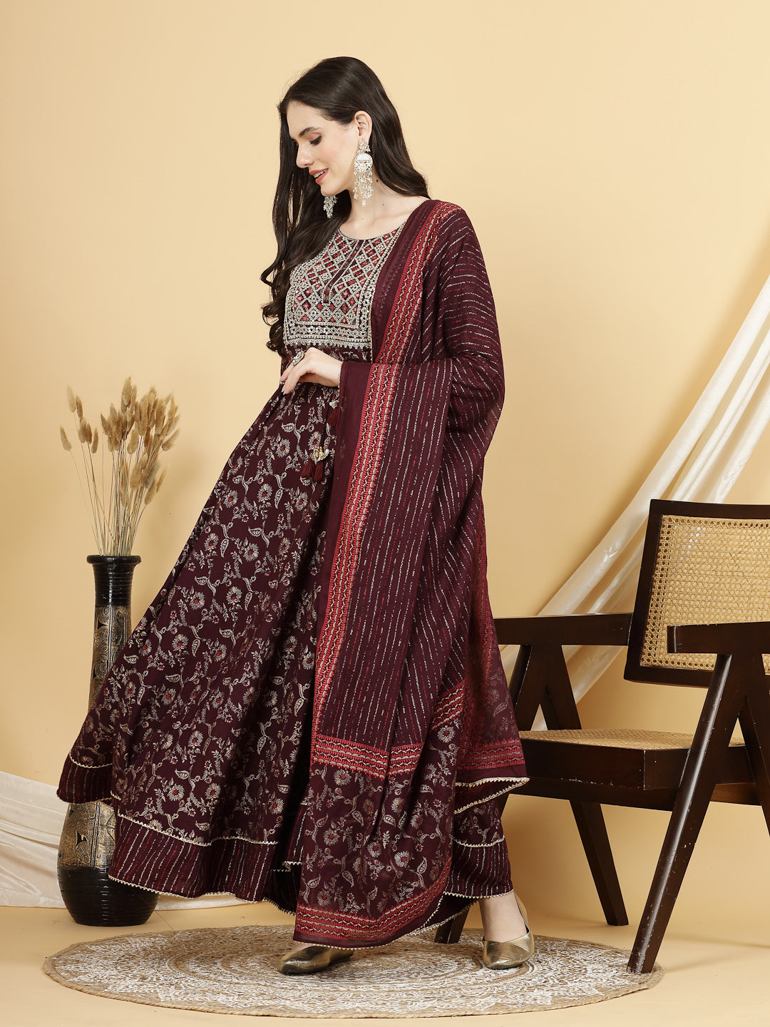 Women Maroon Gold Printed Anarkali Kurta with Trouser & Dupatta