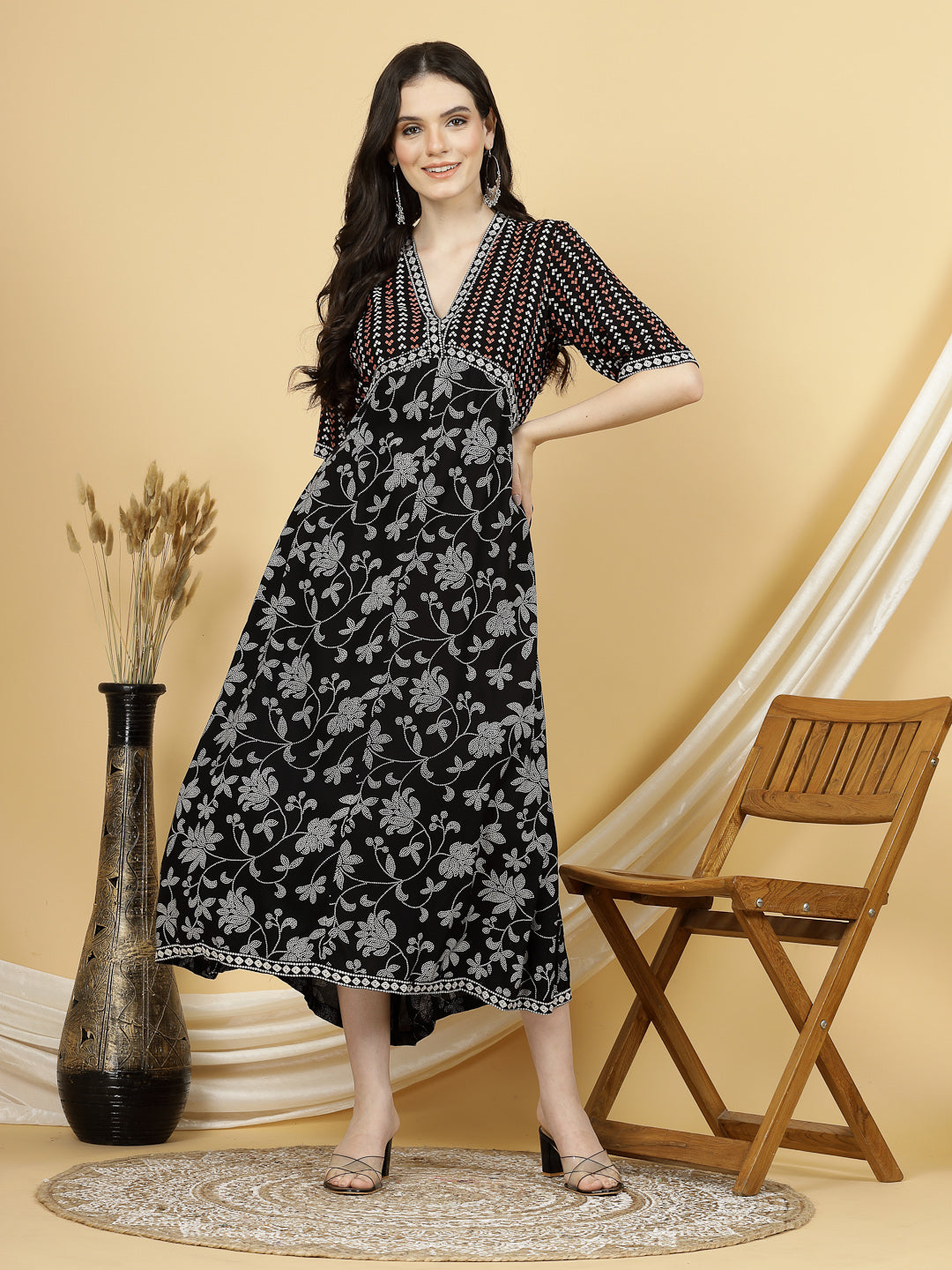 Women Black Printed V-neck, 3/4 Sleeves, Midi Length A-line Dress