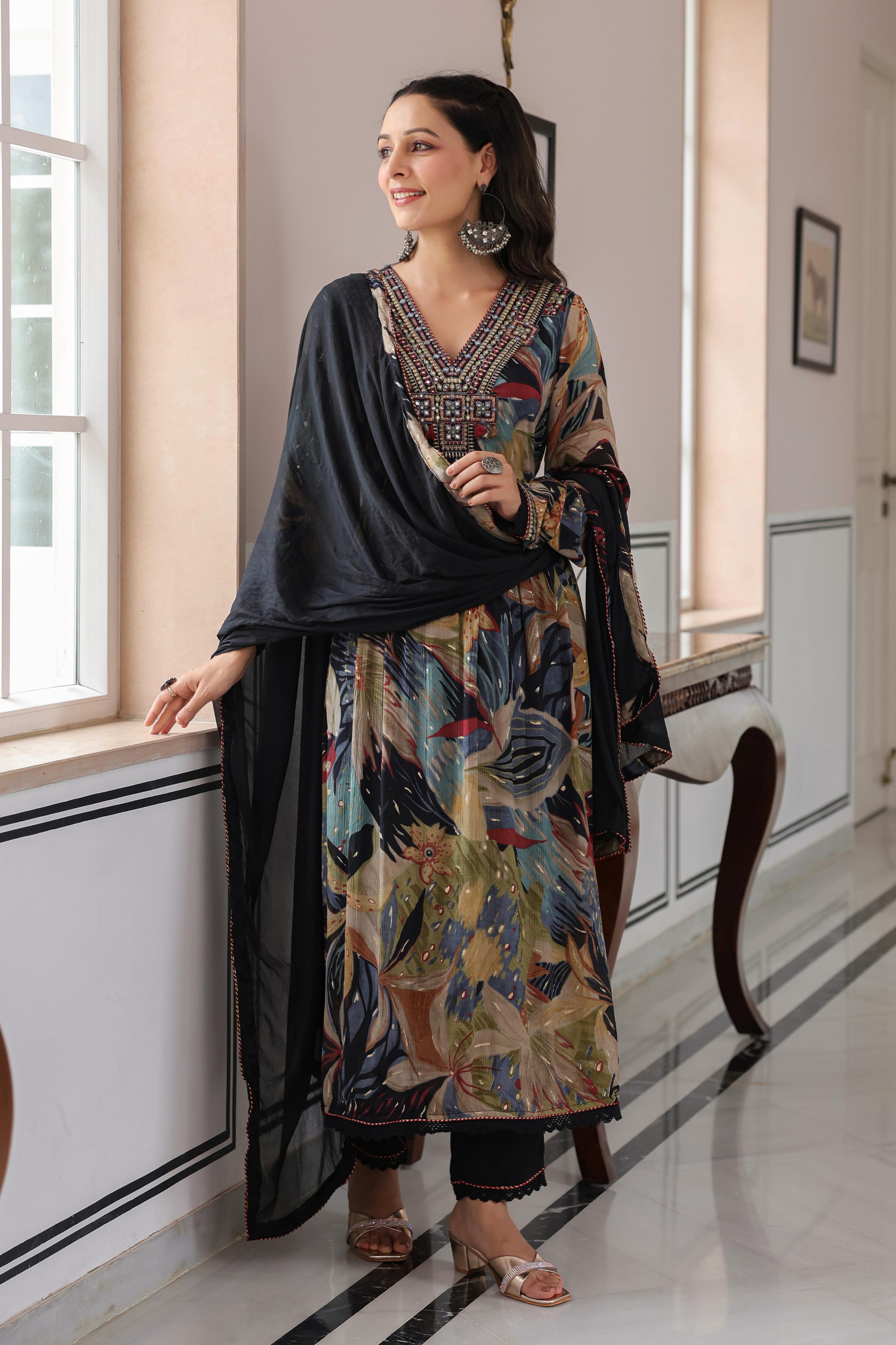 Women Black Printed Chinoon Kurta with Solid Black Pant & solid Dupatta Set