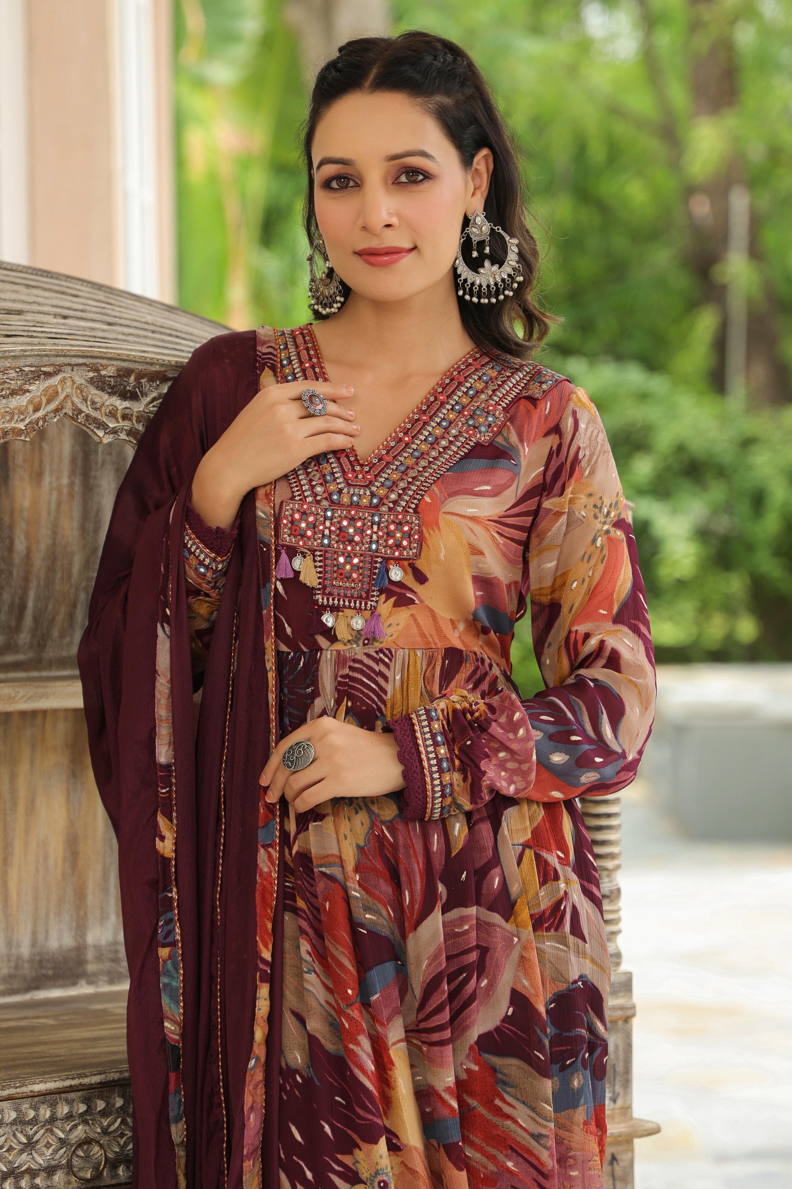 Women Maroon Printed Chinoon Kurta with Solid Maroon Pant & solid Dupatta Set