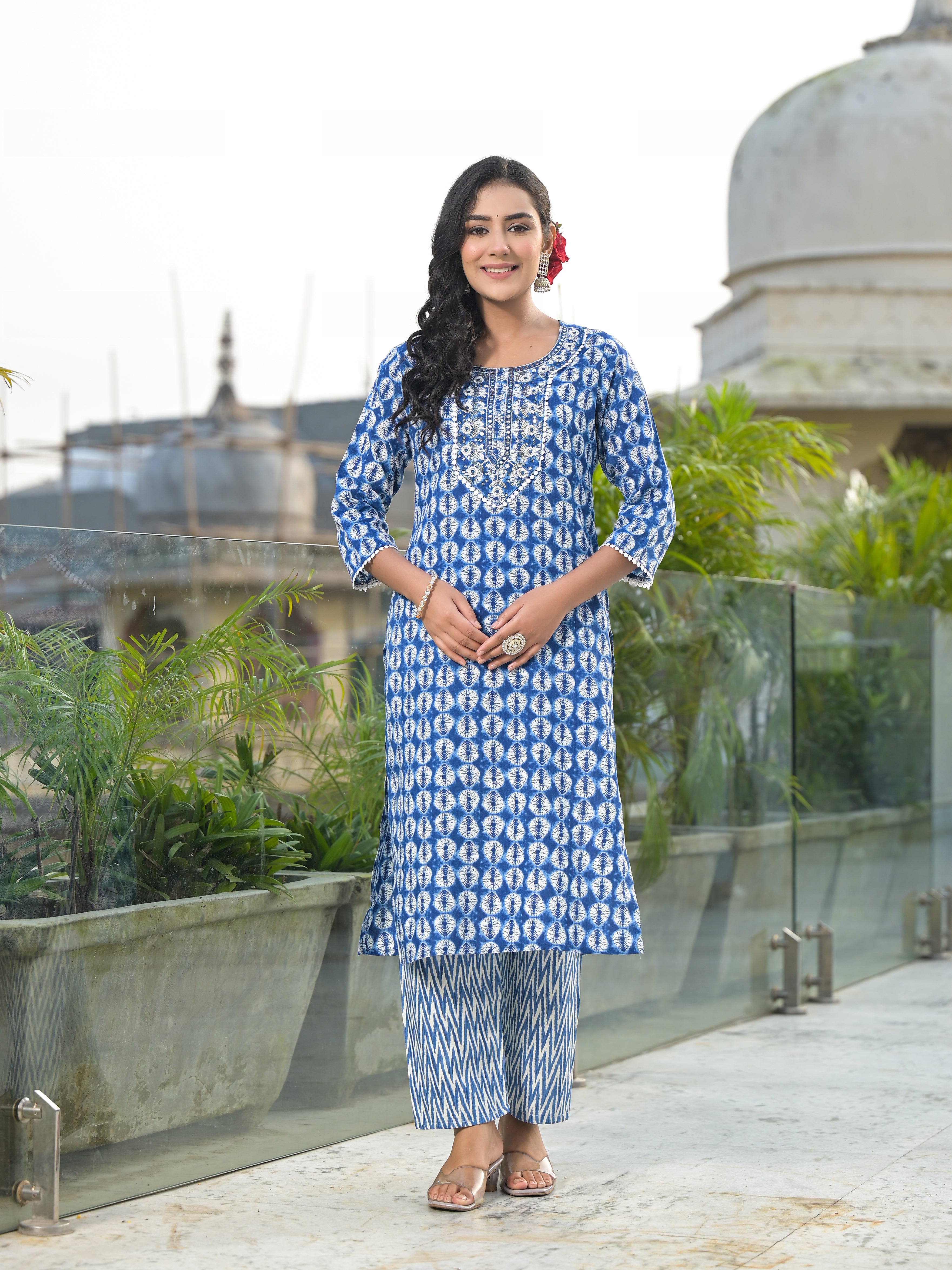 Women Rayon Blue Yoke Embroidery & Printed Kurta Pant with Dupatta Set