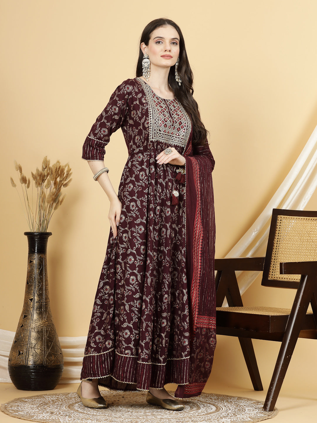 Women Maroon Gold Printed Anarkali Kurta with Trouser & Dupatta