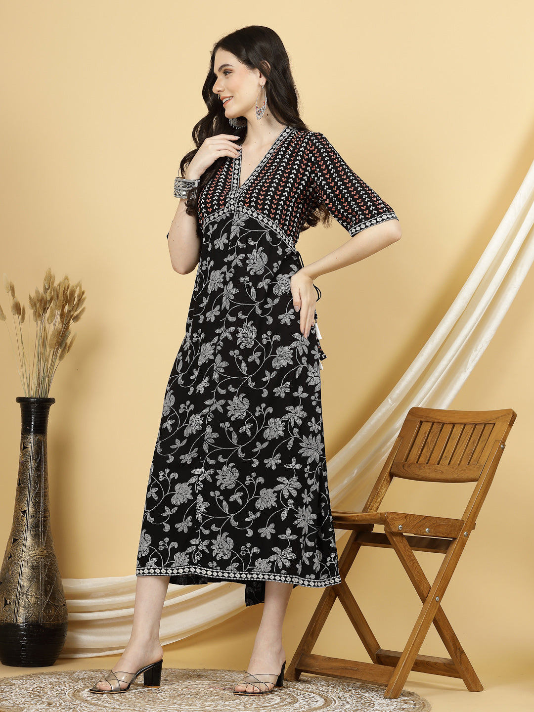 Women Black Printed V-neck, 3/4 Sleeves, Midi Length A-line Dress