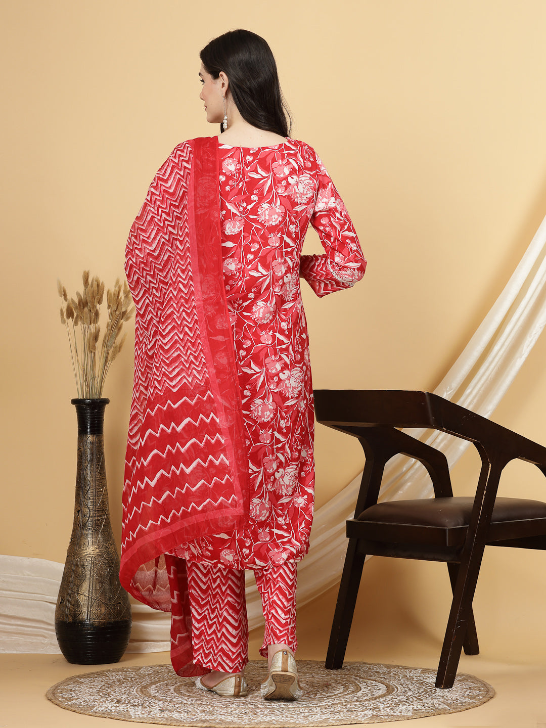 Women Red Floral Printed Kurta with Trouser & Dupatta