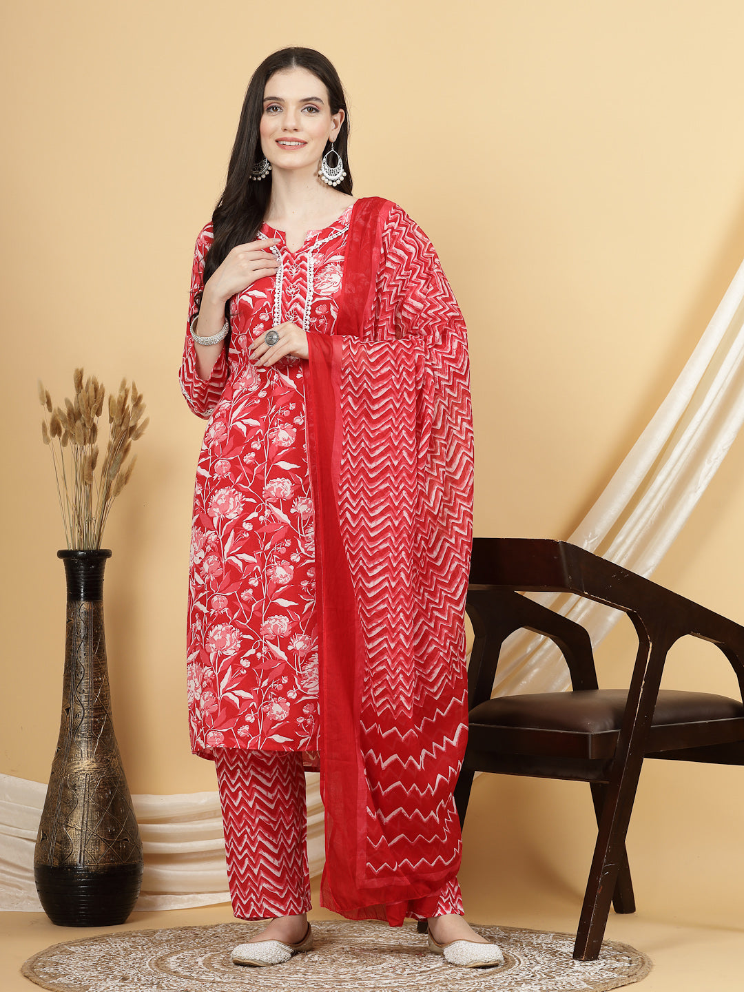 Women Red Floral Printed Kurta with Trouser & Dupatta