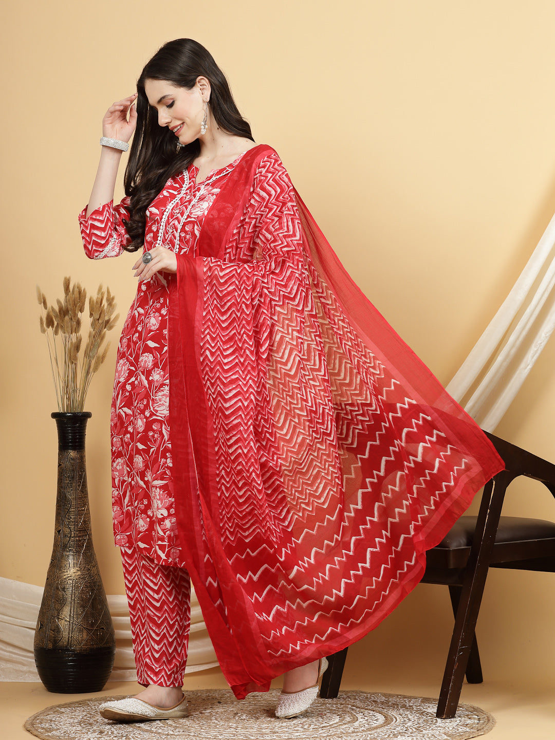 Women Red Floral Printed Kurta with Trouser & Dupatta