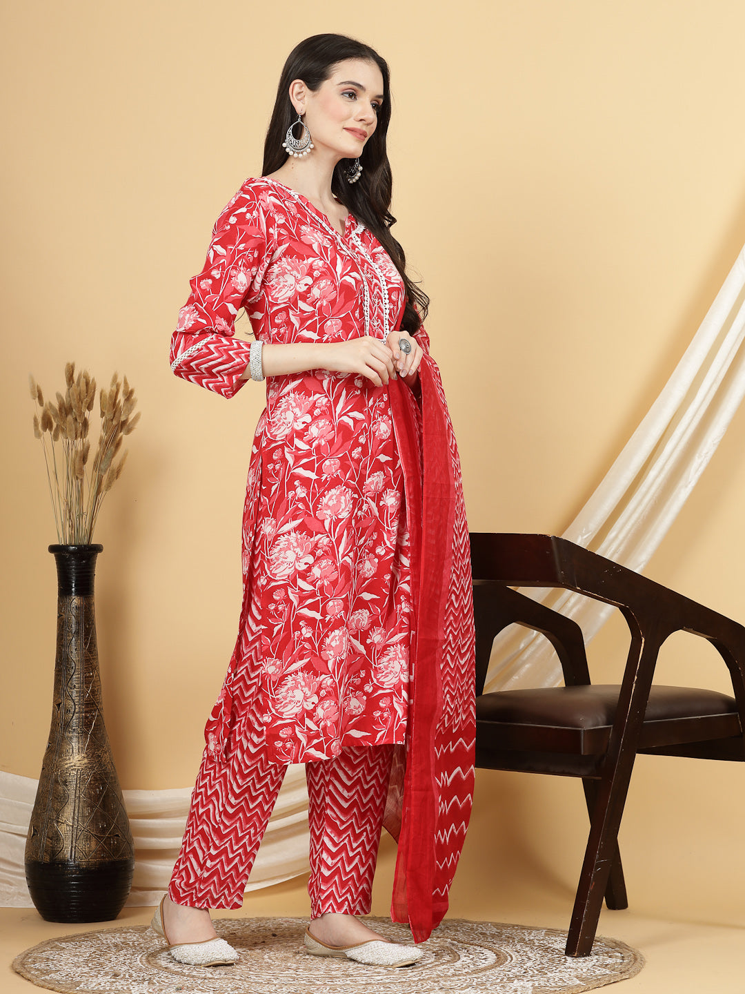 Women Red Floral Printed Kurta with Trouser & Dupatta