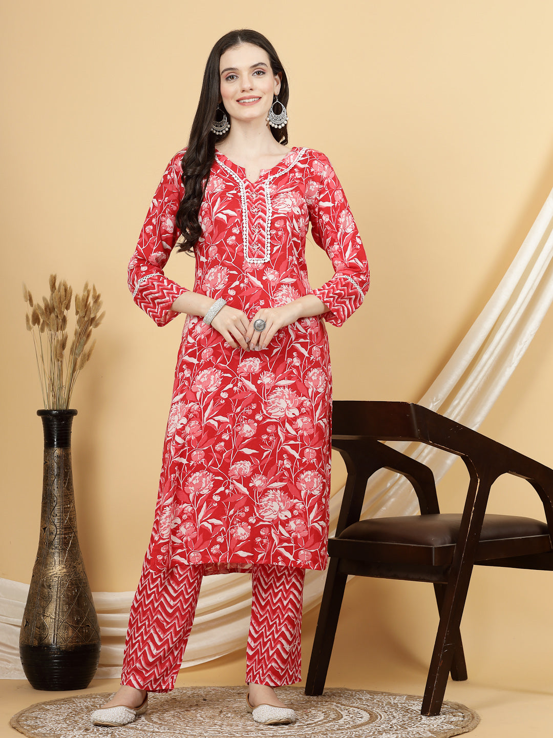 Women Red Floral Printed Kurta with Trouser & Dupatta