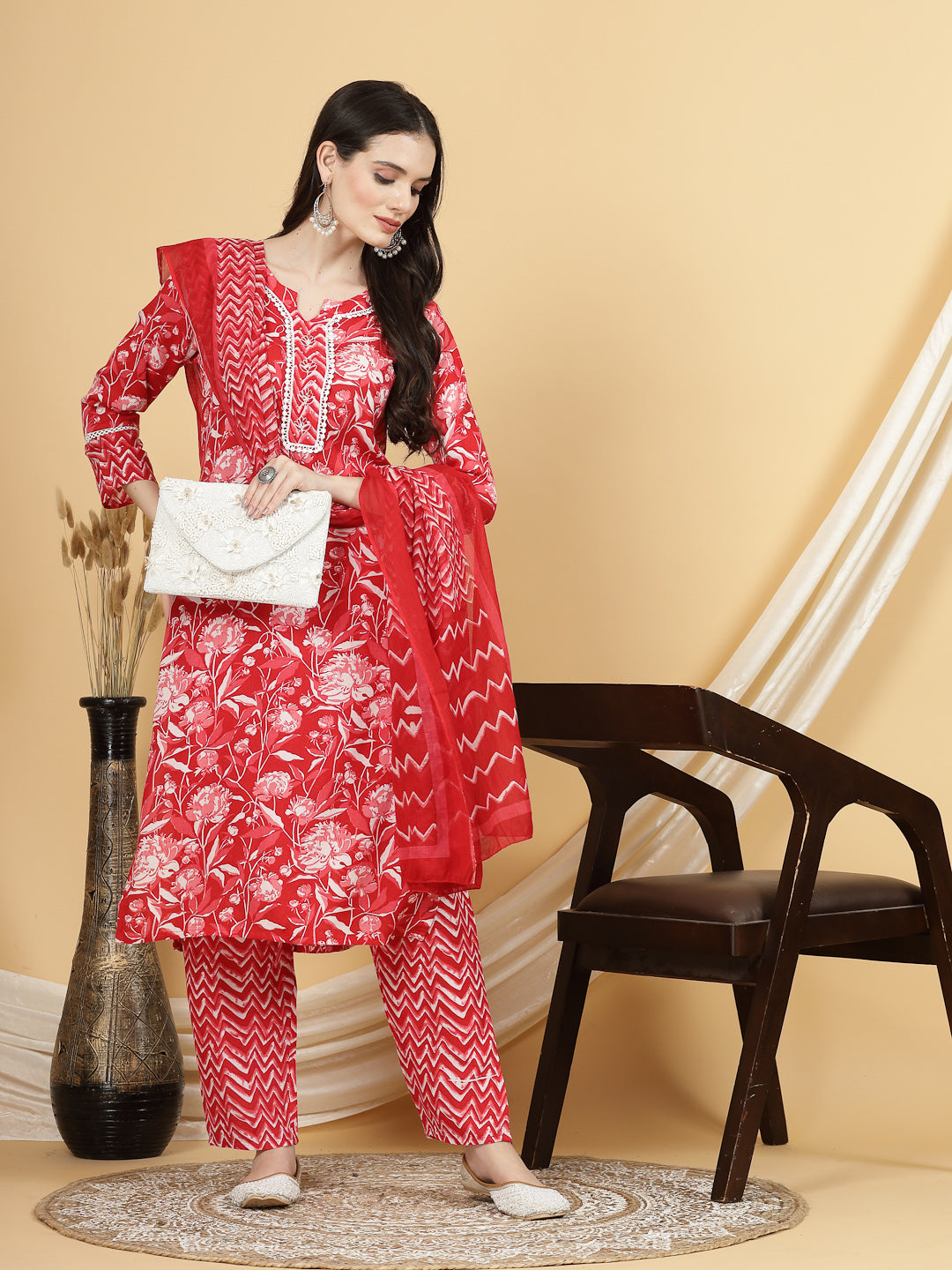 Women Red Floral Printed Kurta with Trouser & Dupatta