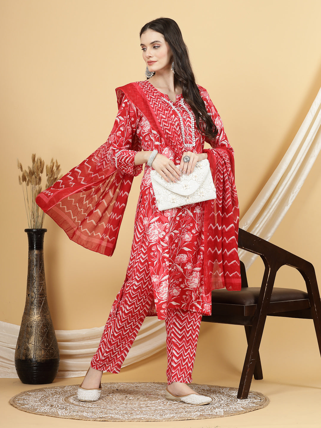 Women Red Floral Printed Kurta with Trouser & Dupatta