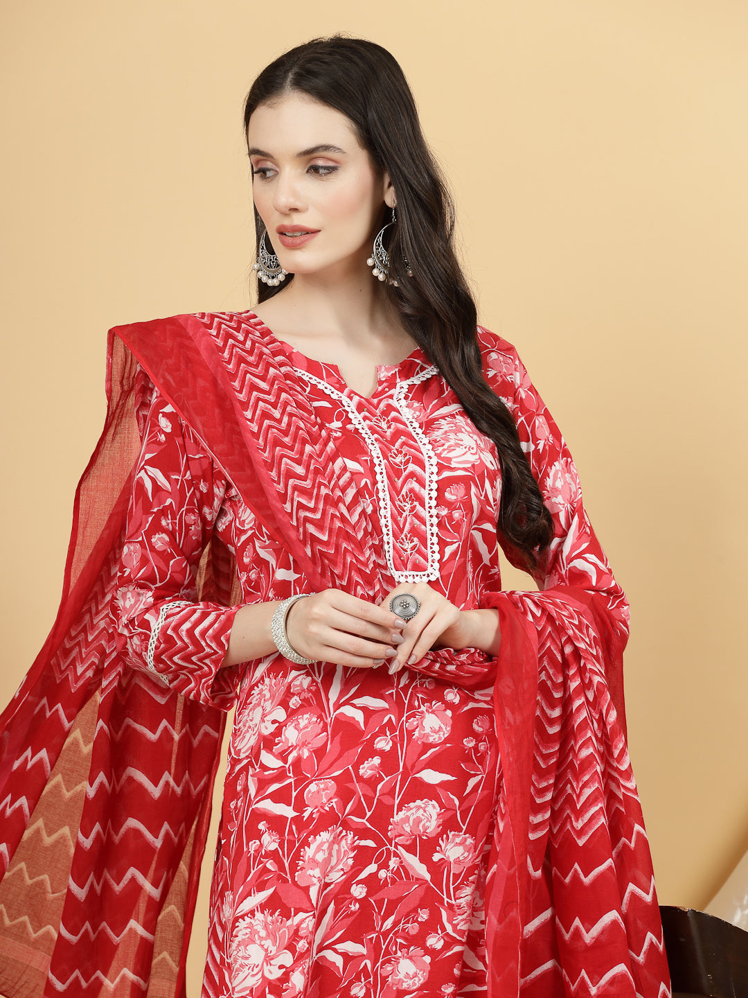 Women Red Floral Printed Kurta with Trouser & Dupatta