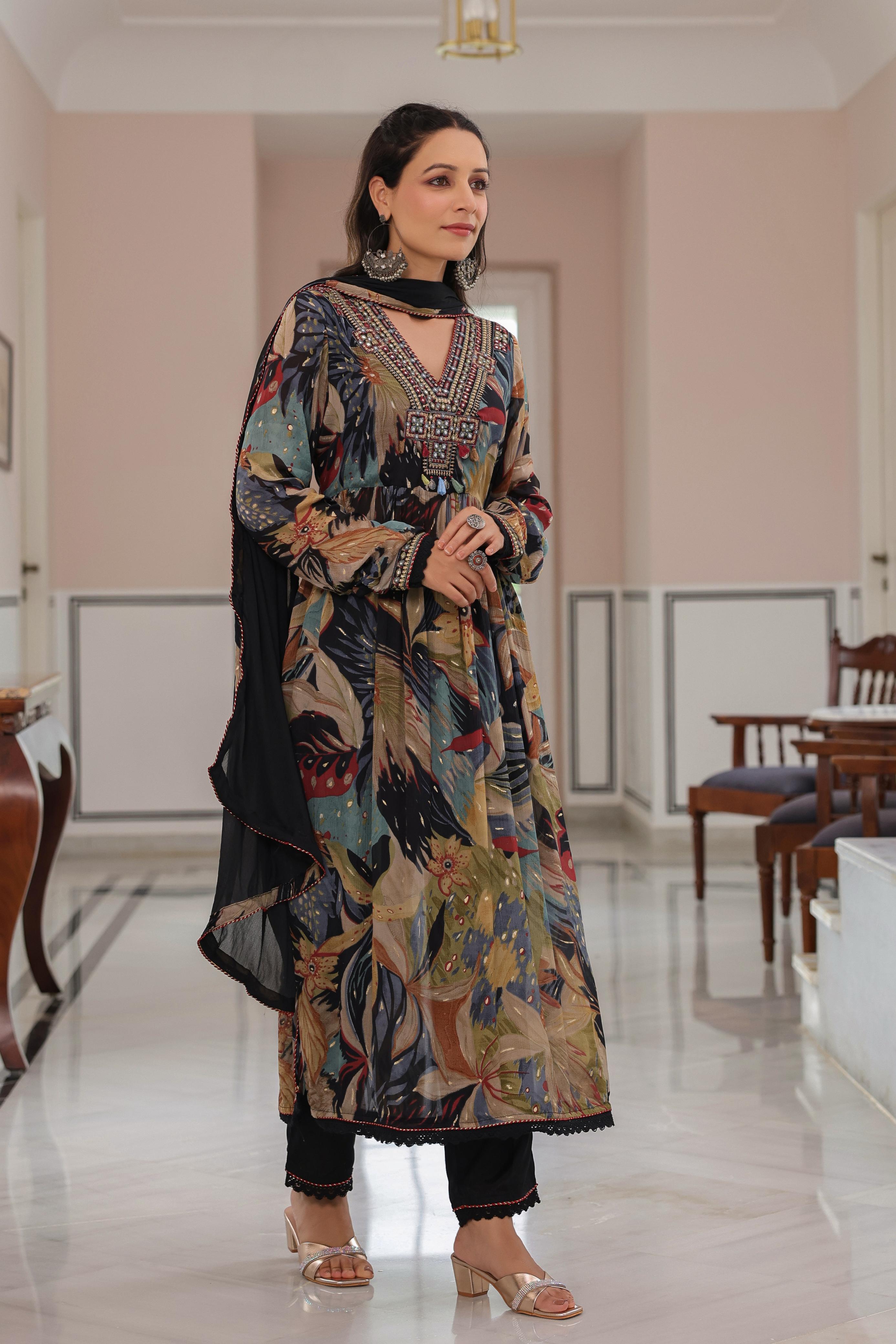 Women Black Printed Chinoon Kurta with Solid Black Pant & solid Dupatta Set