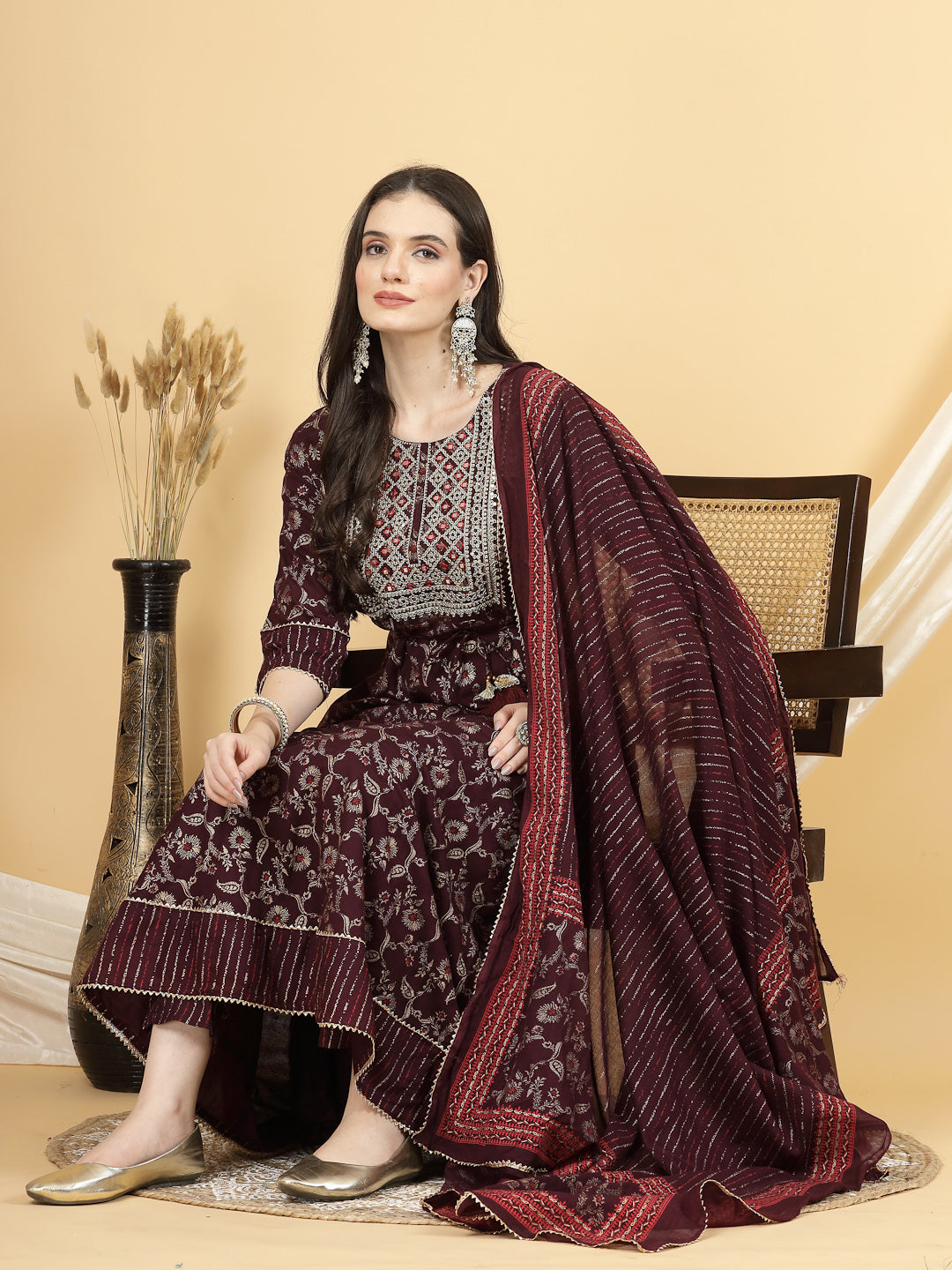 Women Maroon Gold Printed Anarkali Kurta with Trouser & Dupatta