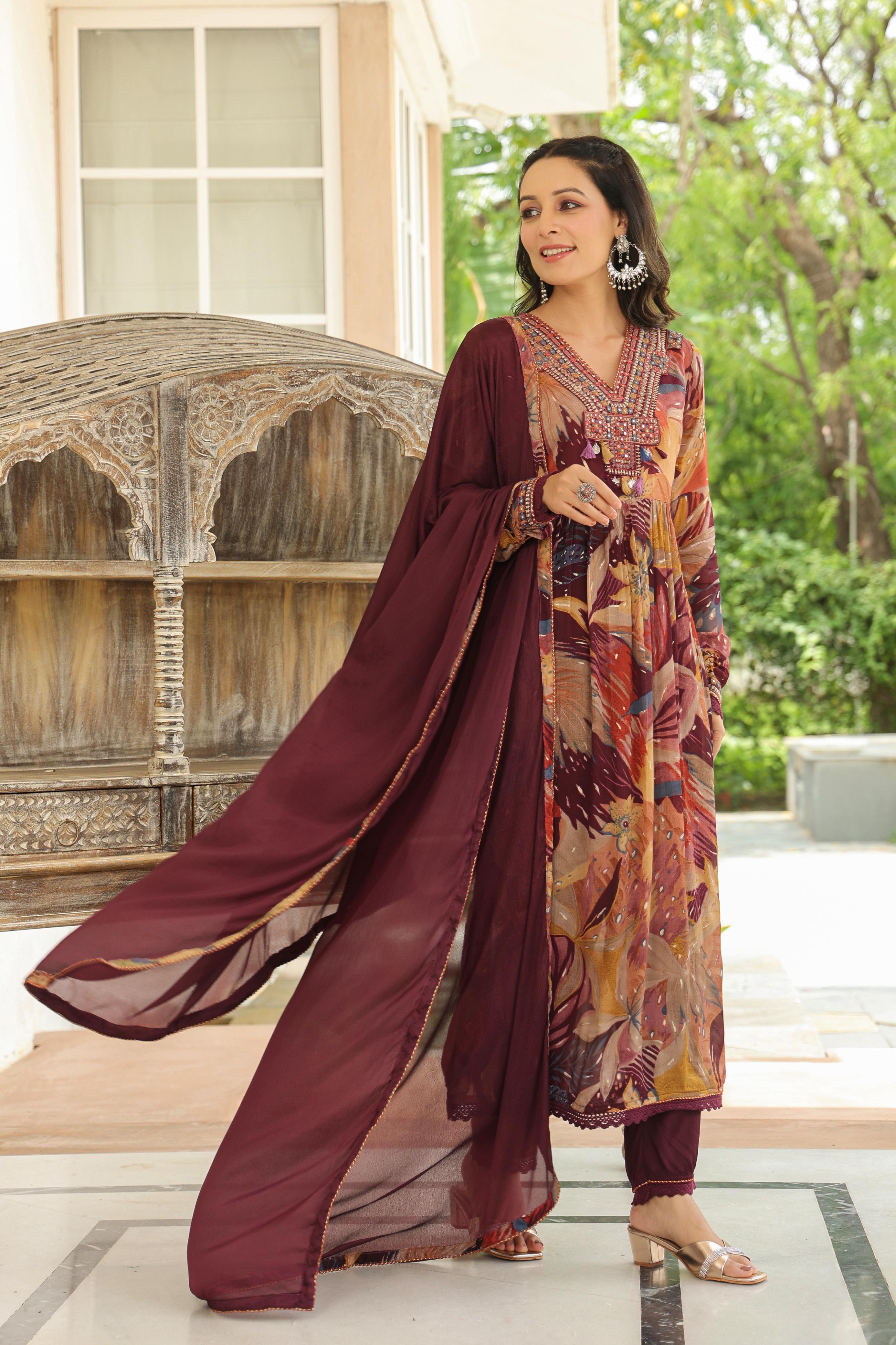 Women Maroon Printed Chinoon Kurta with Solid Maroon Pant & solid Dupatta Set