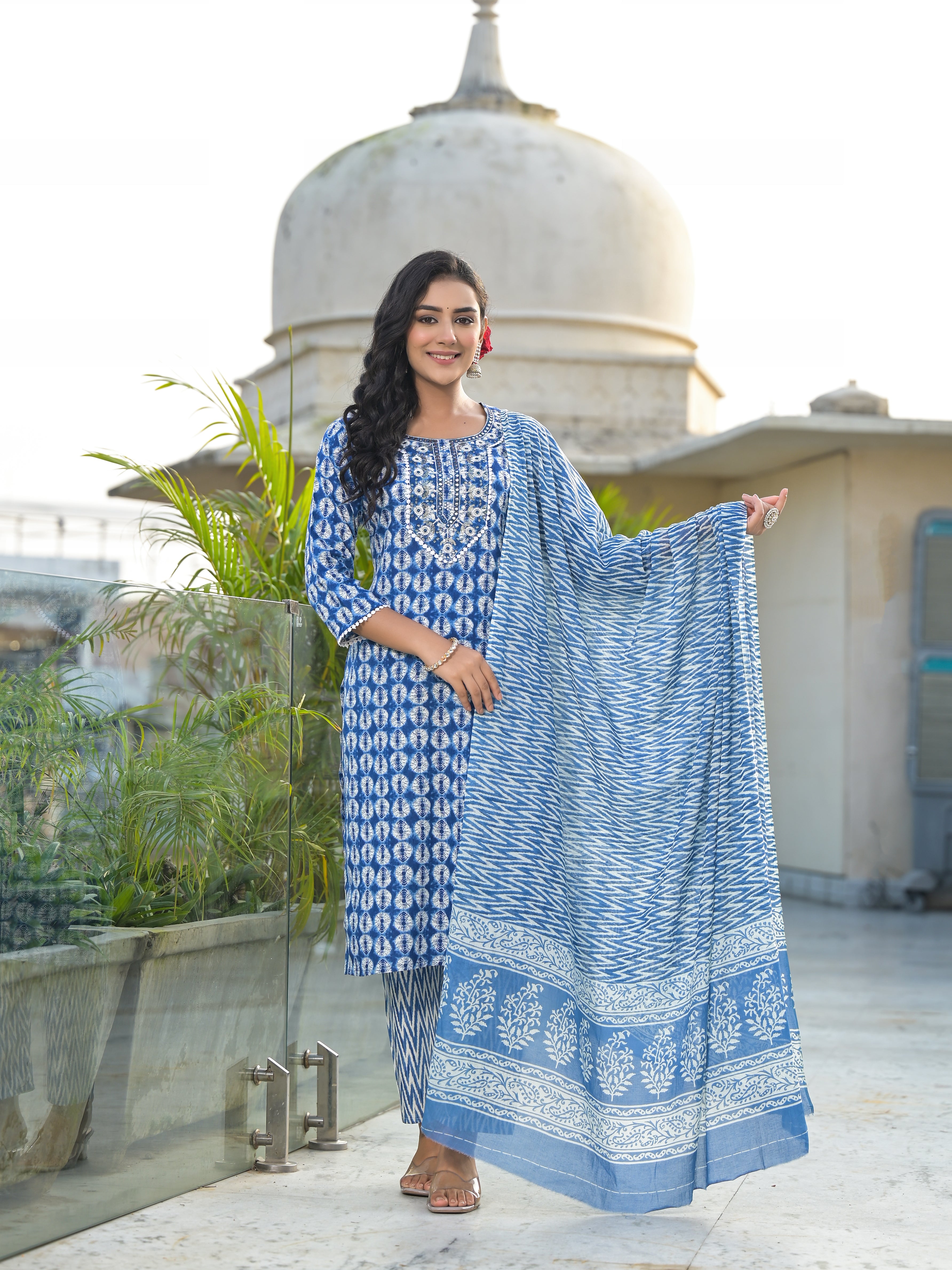 Women Rayon Blue Yoke Embroidery & Printed Kurta Pant with Dupatta Set