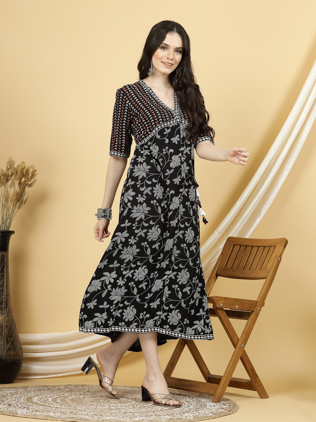 Women Black Printed V-neck, 3/4 Sleeves, Midi Length A-line Dress