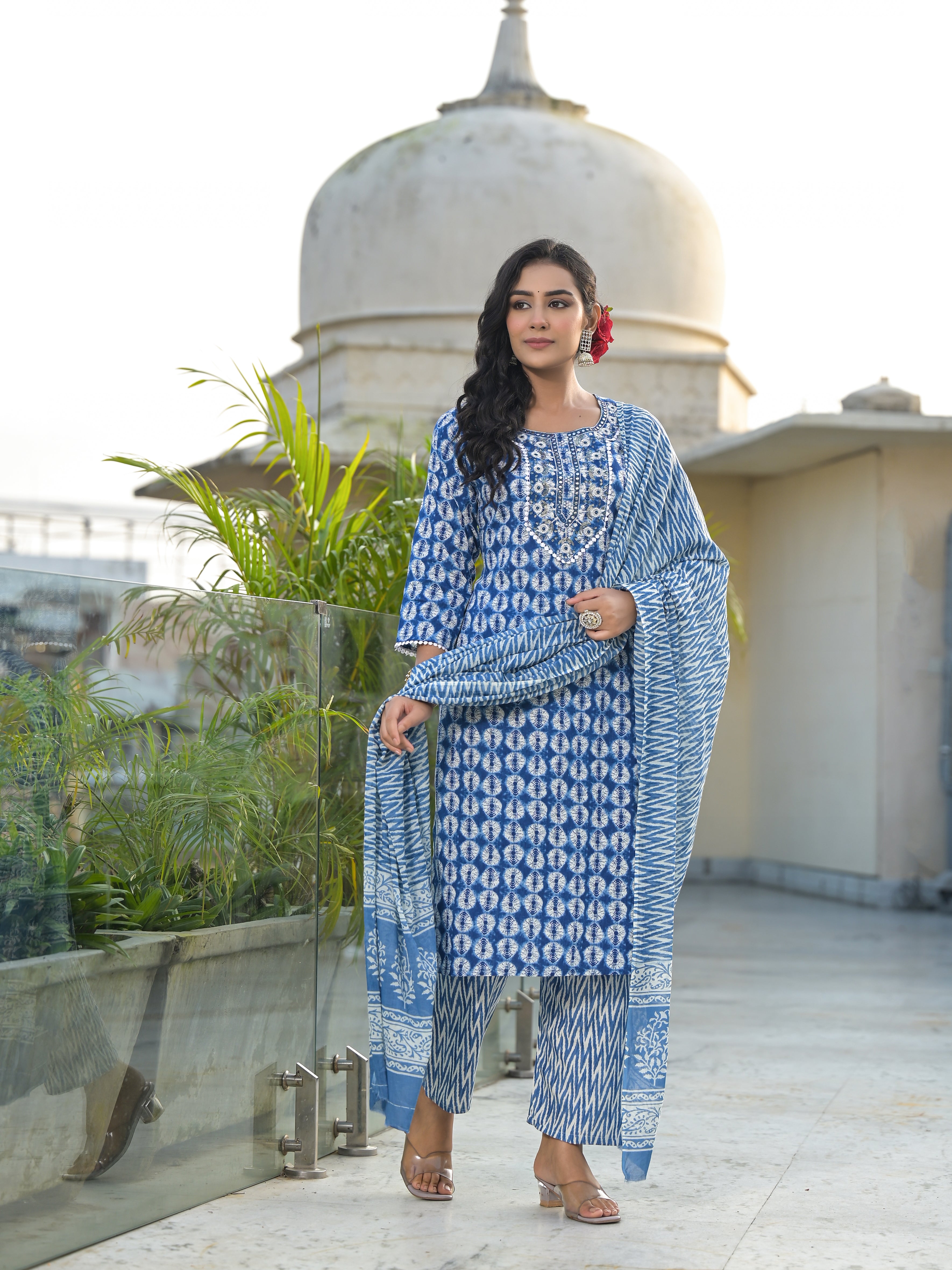 Women Rayon Blue Yoke Embroidery & Printed Kurta Pant with Dupatta Set