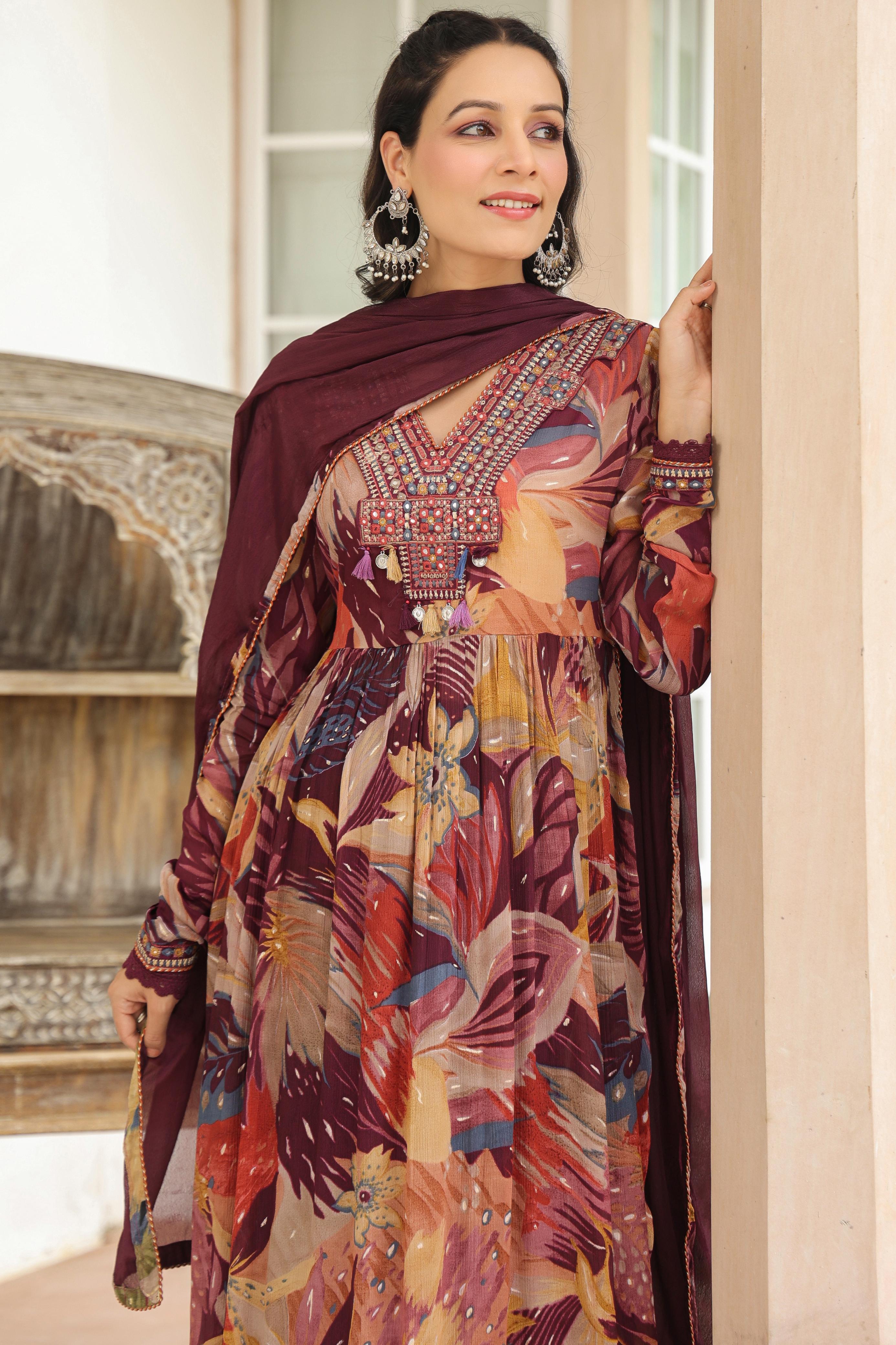 Women Maroon Printed Chinoon Kurta with Solid Maroon Pant & solid Dupatta Set