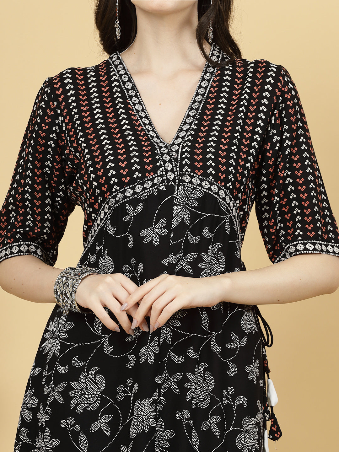 Women Black Printed V-neck, 3/4 Sleeves, Midi Length A-line Dress