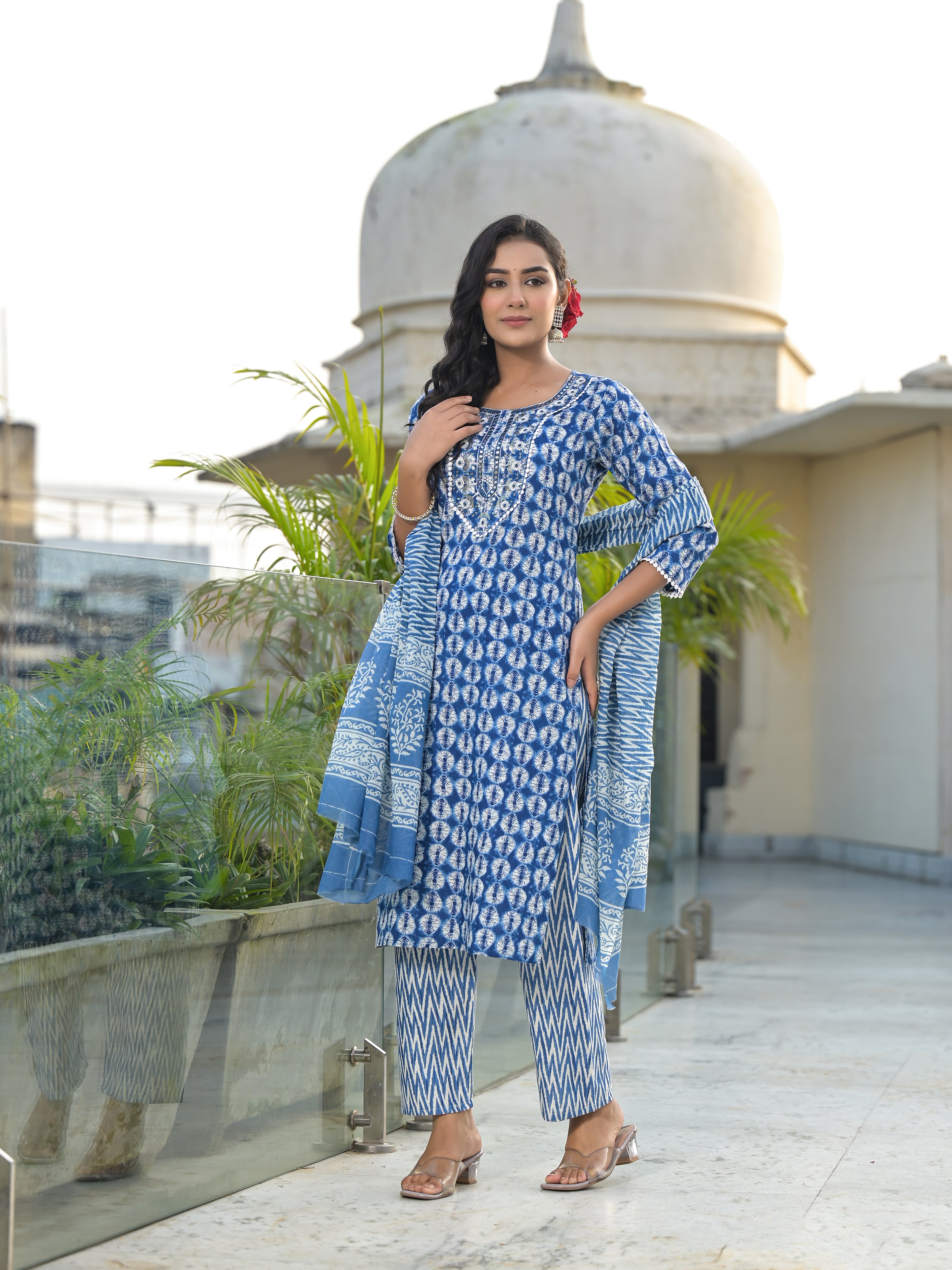 Women Rayon Blue Yoke Embroidery & Printed Kurta Pant with Dupatta Set