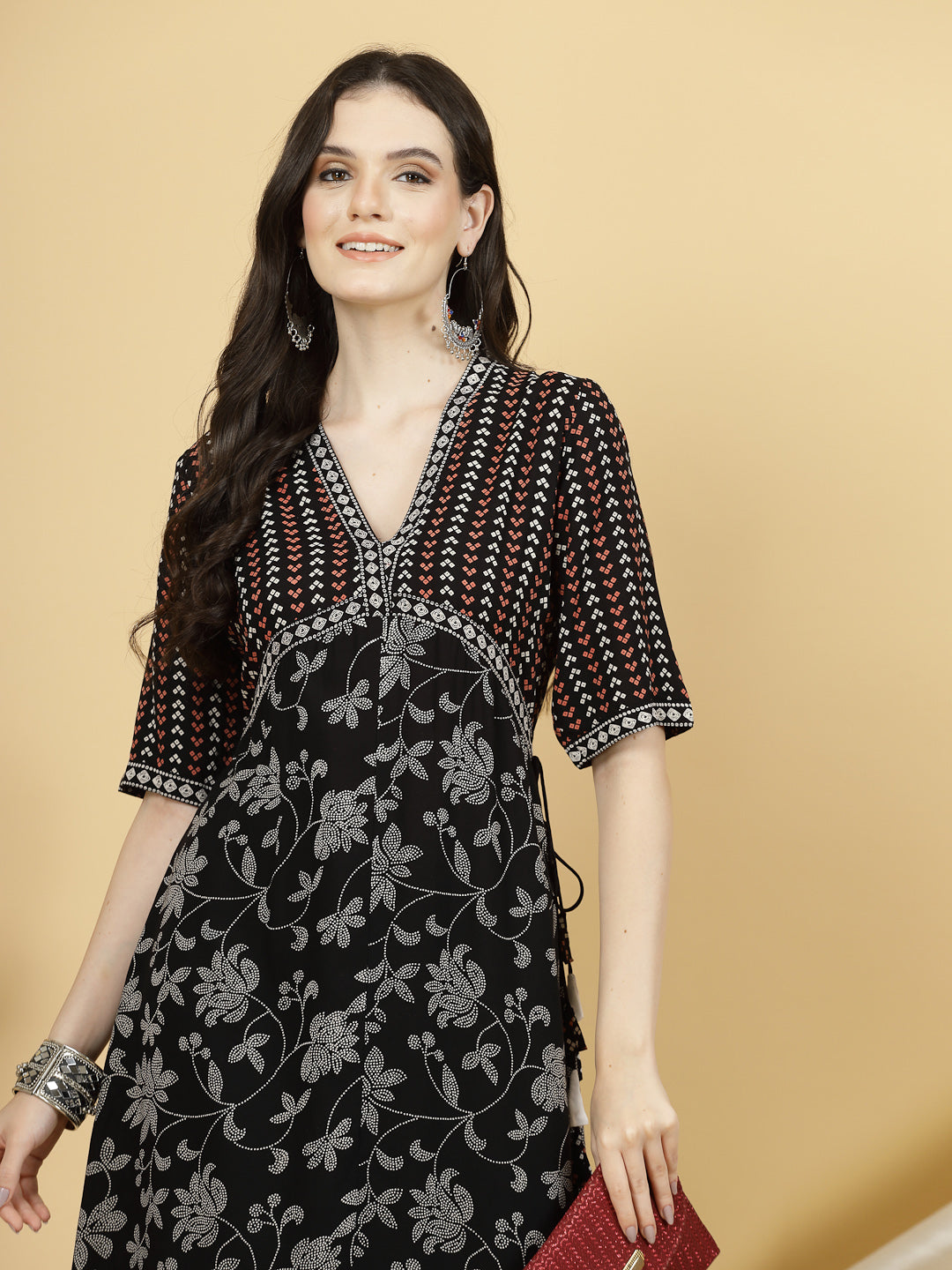 Women Black Printed V-neck, 3/4 Sleeves, Midi Length A-line Dress