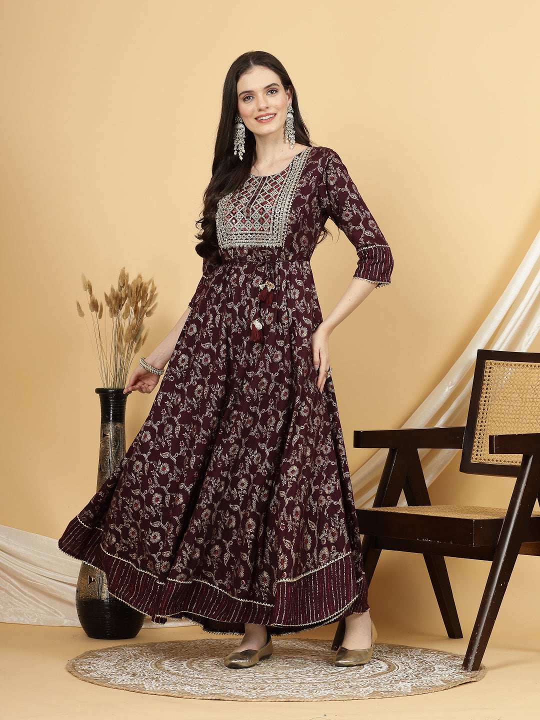 Women Maroon Gold Printed Anarkali Kurta with Trouser & Dupatta