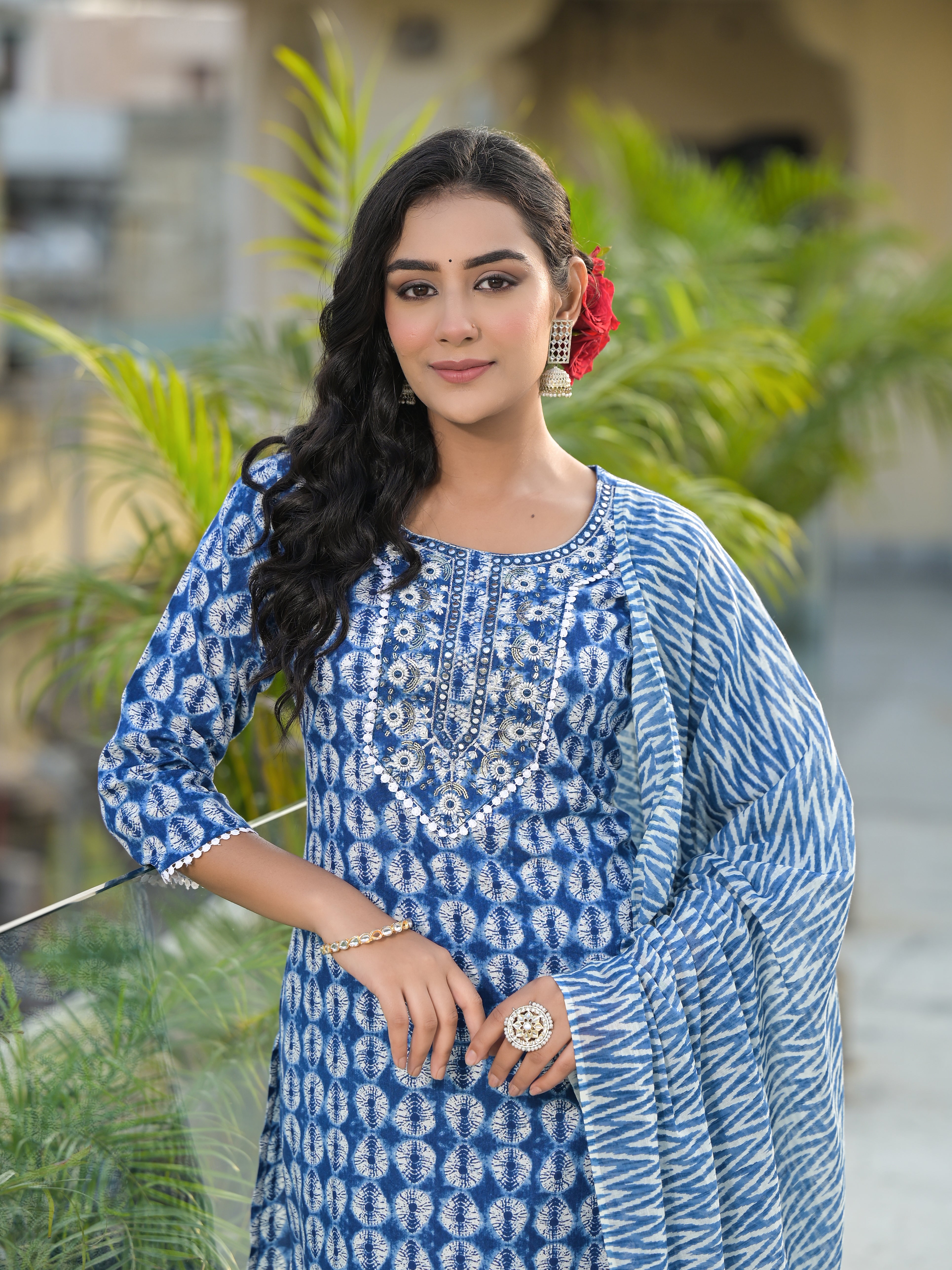 Women Rayon Blue Yoke Embroidery & Printed Kurta Pant with Dupatta Set