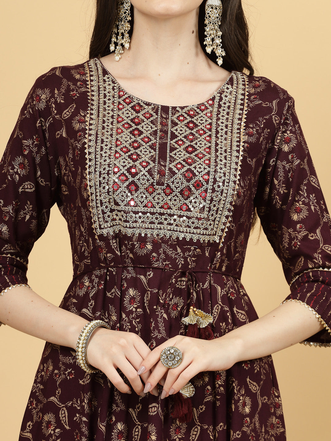 Women Maroon Gold Printed Anarkali Kurta with Trouser & Dupatta