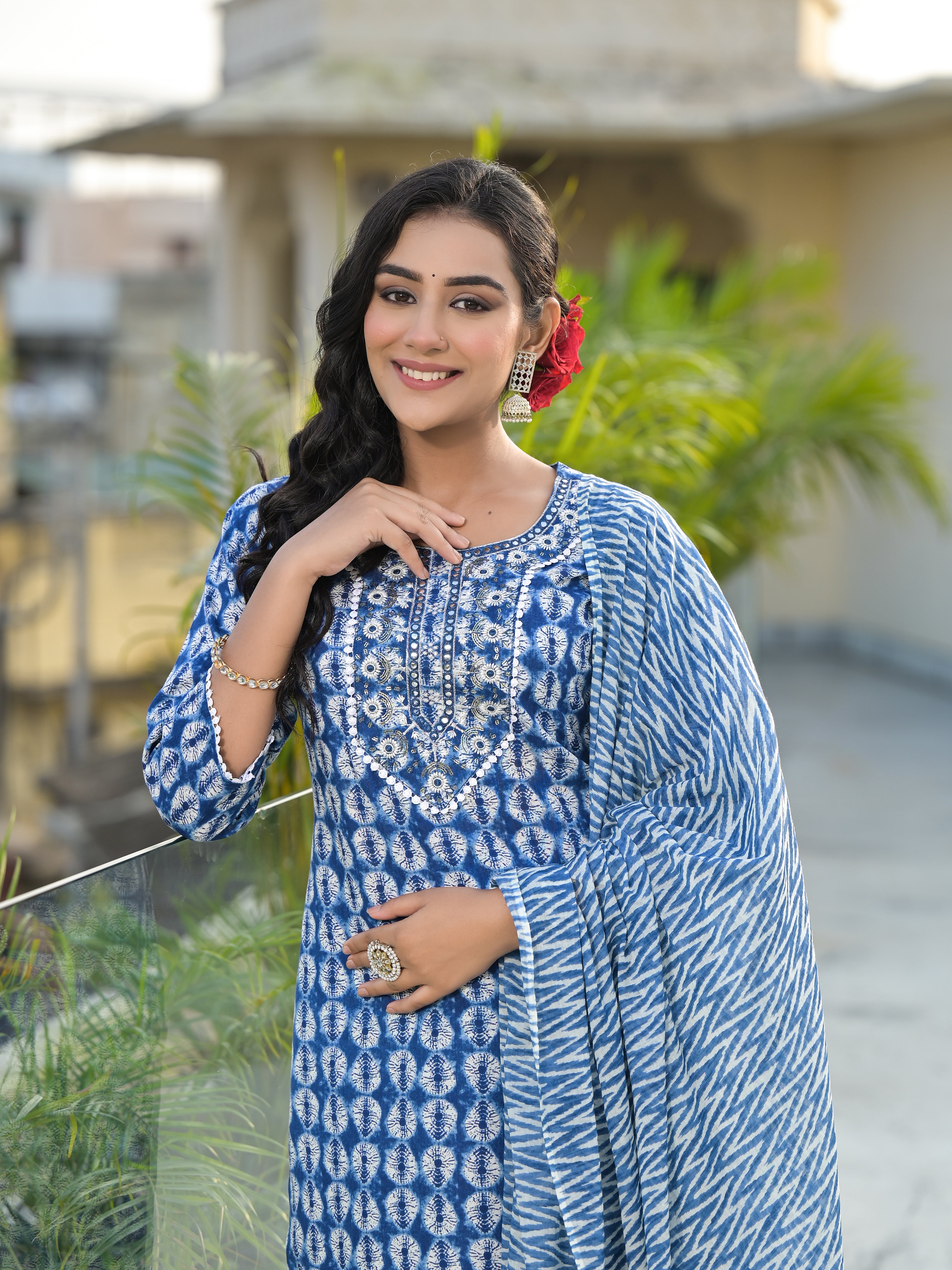 Women Rayon Blue Yoke Embroidery & Printed Kurta Pant with Dupatta Set