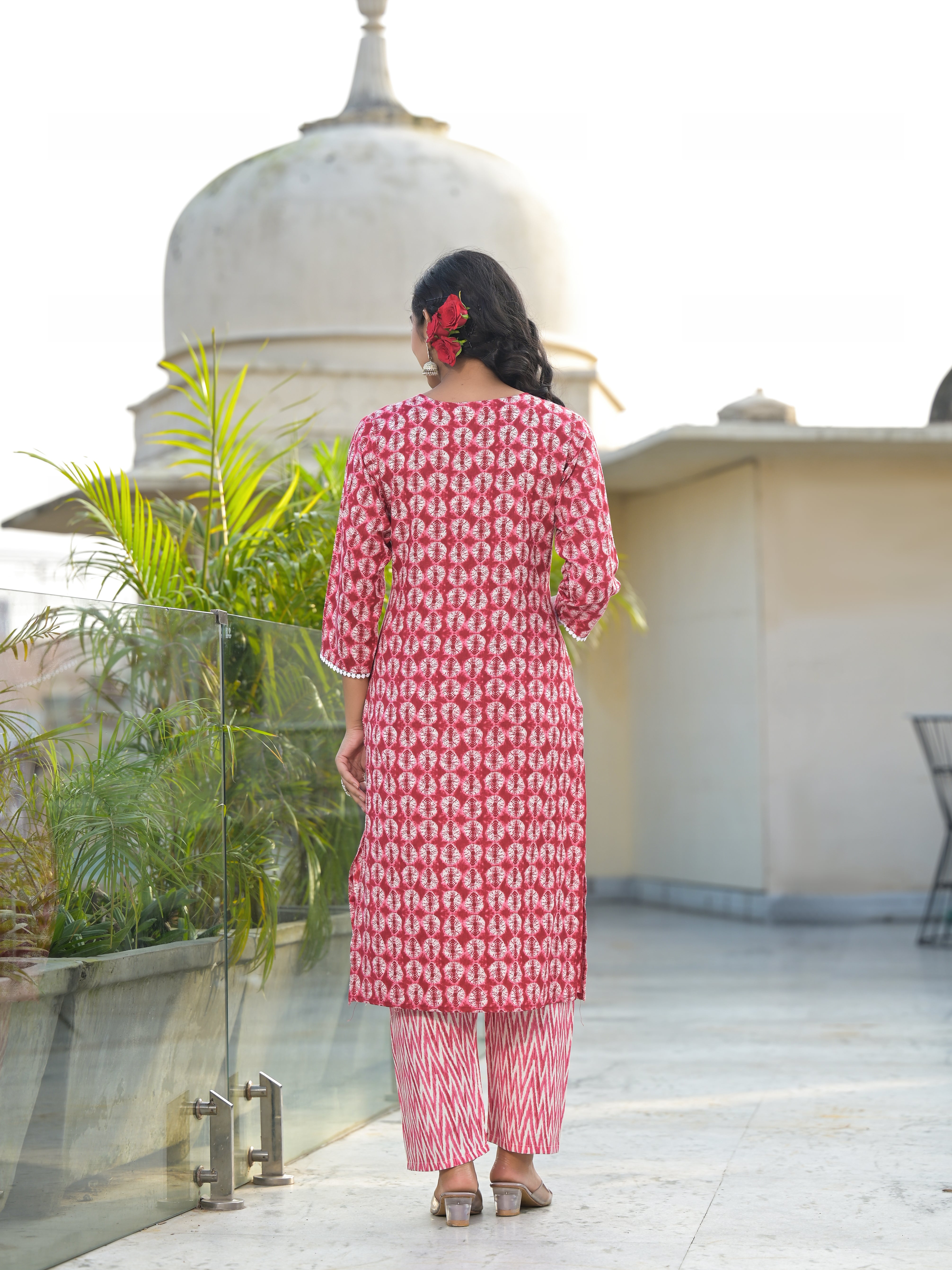 Women Rayon Red Yoke Embroidery & Printed Kurta Pant with Dupatta Set