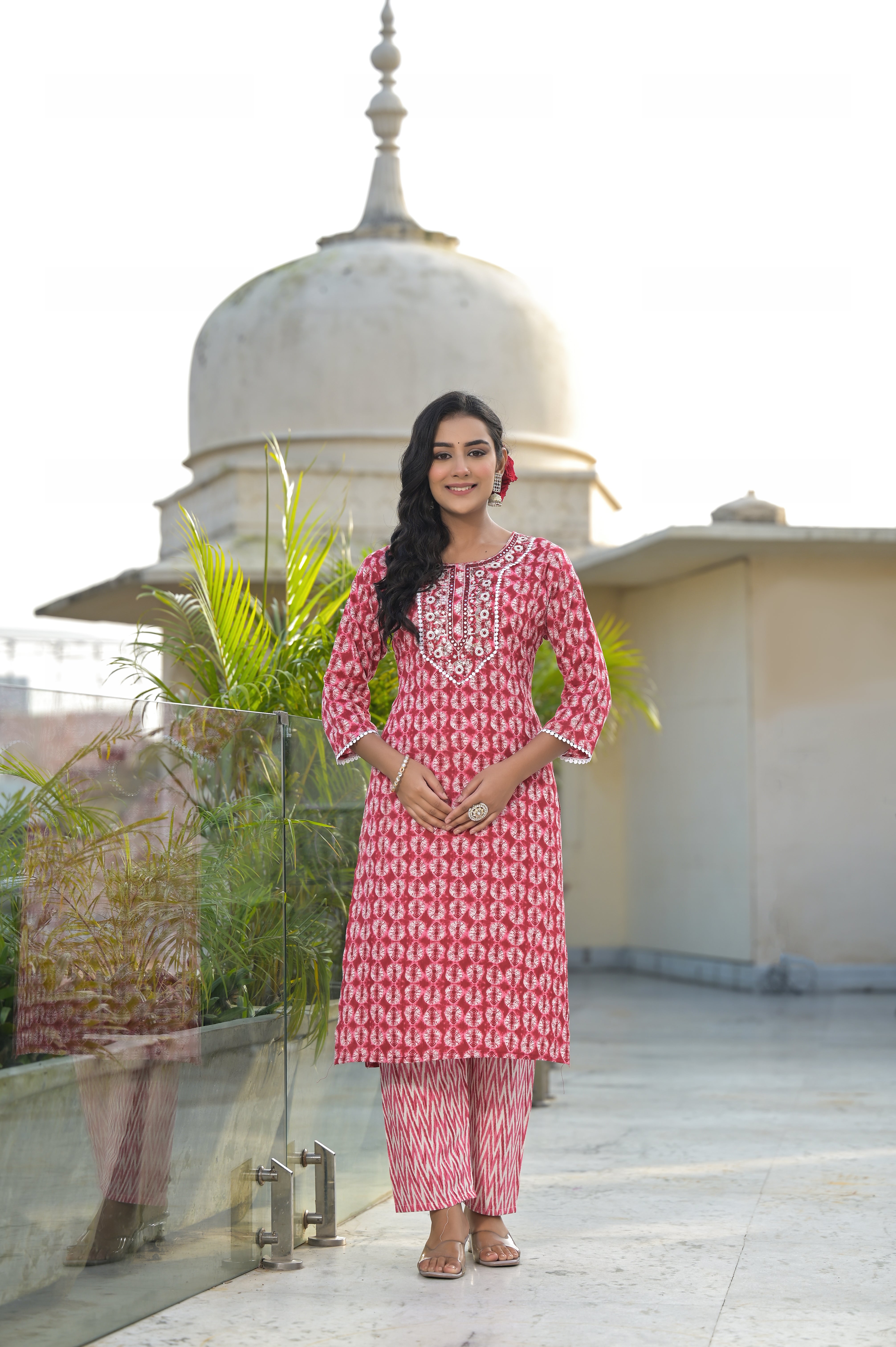 Women Rayon Red Yoke Embroidery & Printed Kurta Pant with Dupatta Set