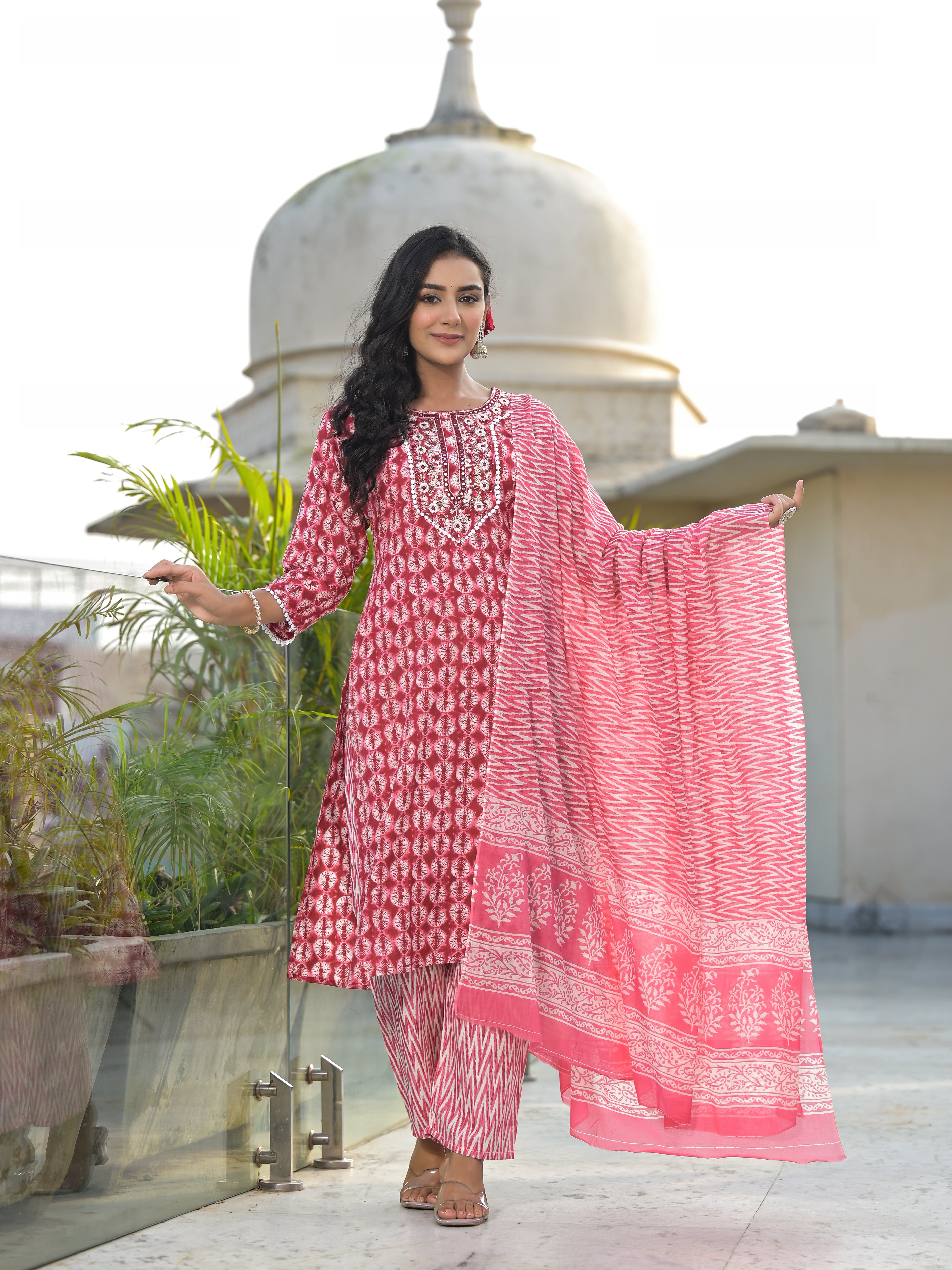 Women Rayon Red Yoke Embroidery & Printed Kurta Pant with Dupatta Set