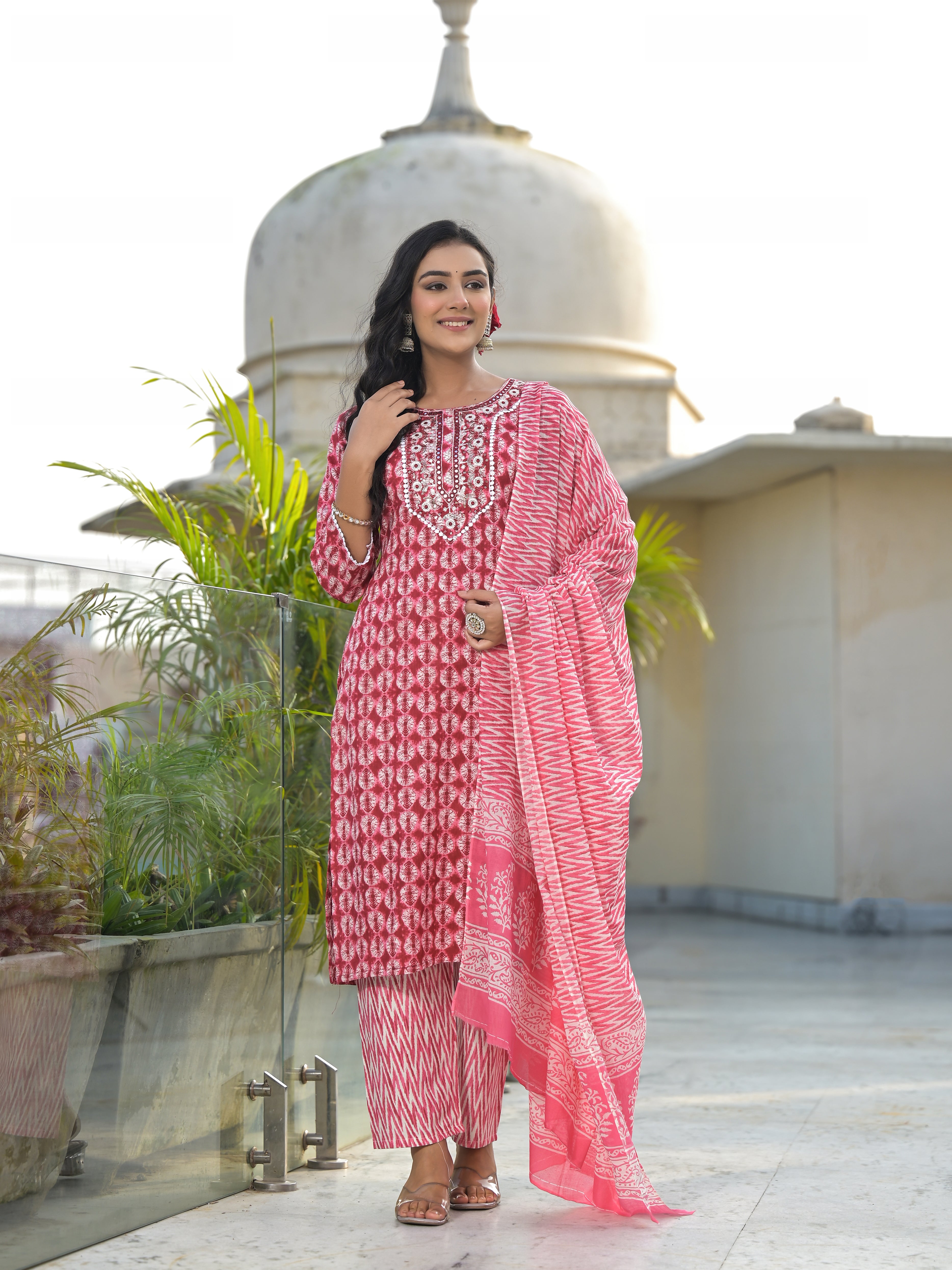 Women Rayon Red Yoke Embroidery & Printed Kurta Pant with Dupatta Set