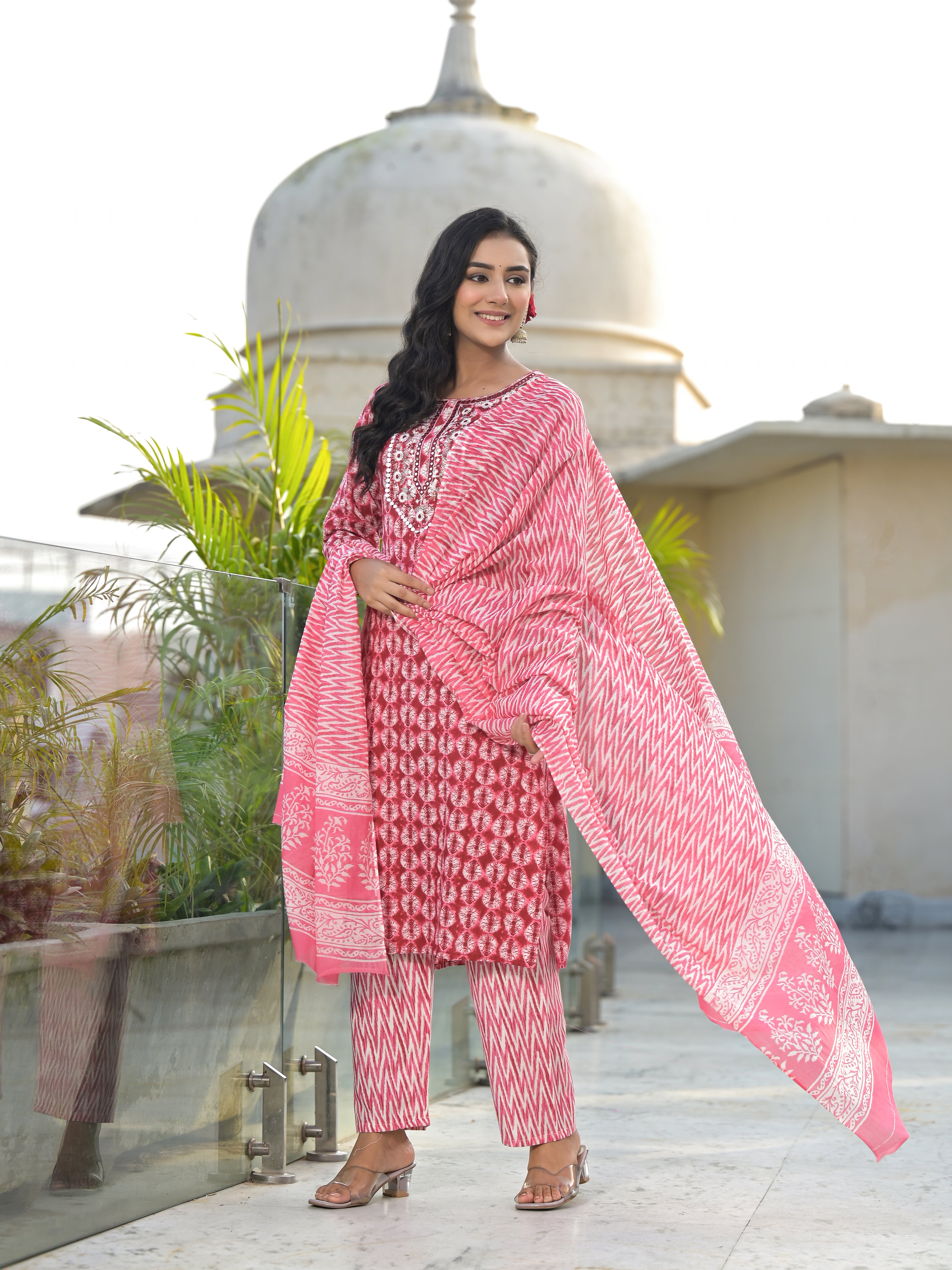 Women Rayon Red Yoke Embroidery & Printed Kurta Pant with Dupatta Set