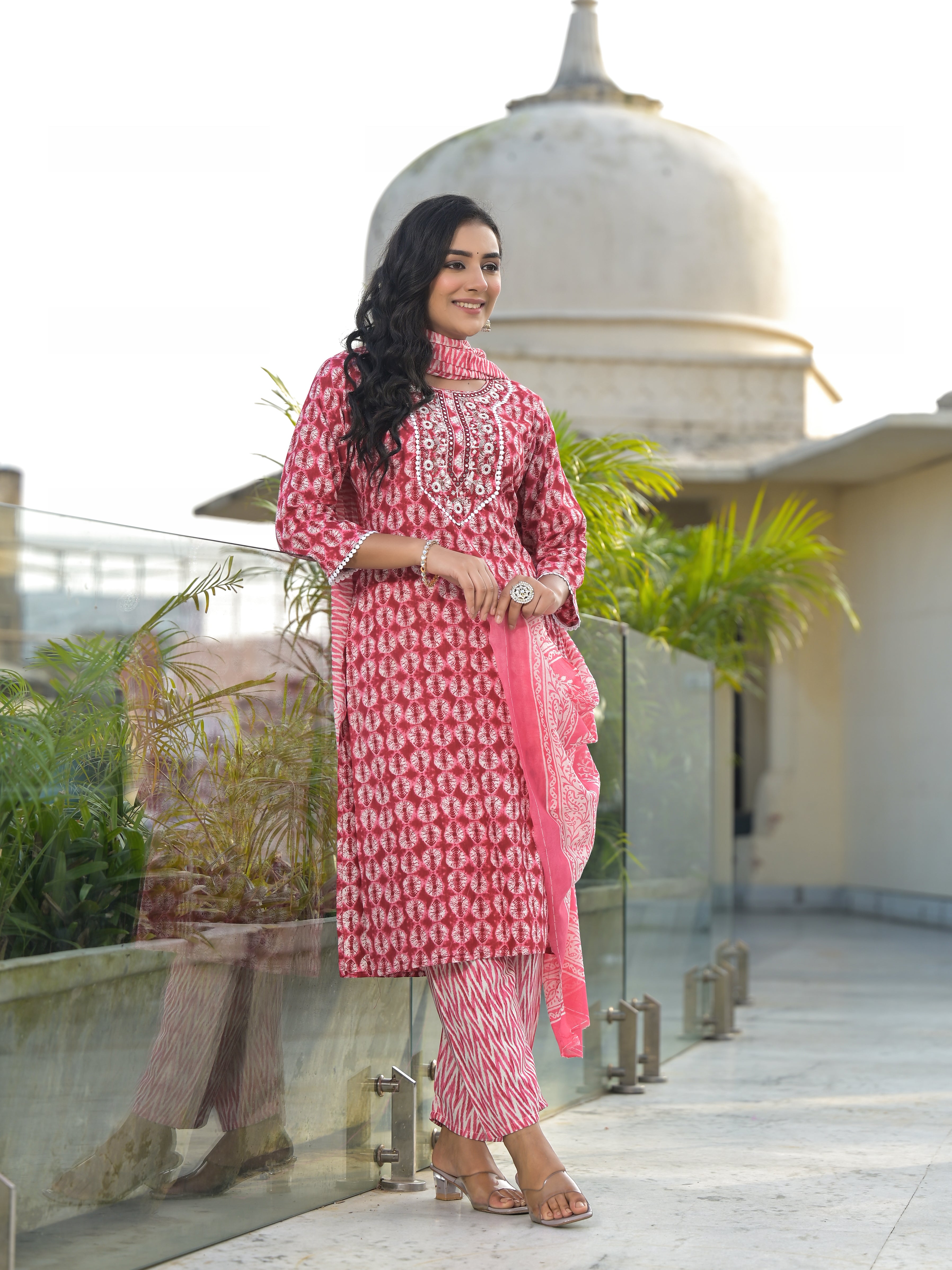 Women Rayon Red Yoke Embroidery & Printed Kurta Pant with Dupatta Set