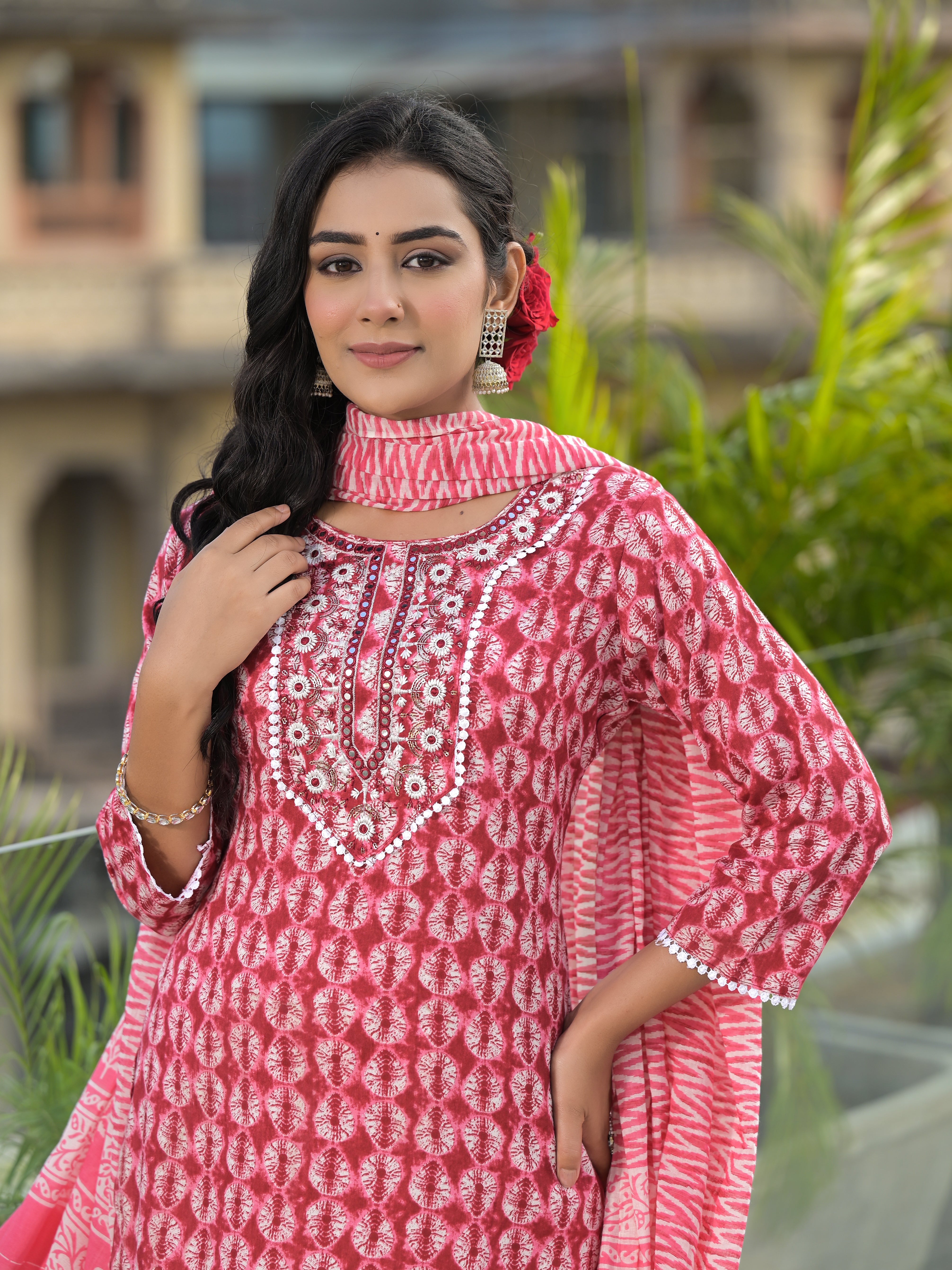 Women Rayon Red Yoke Embroidery & Printed Kurta Pant with Dupatta Set