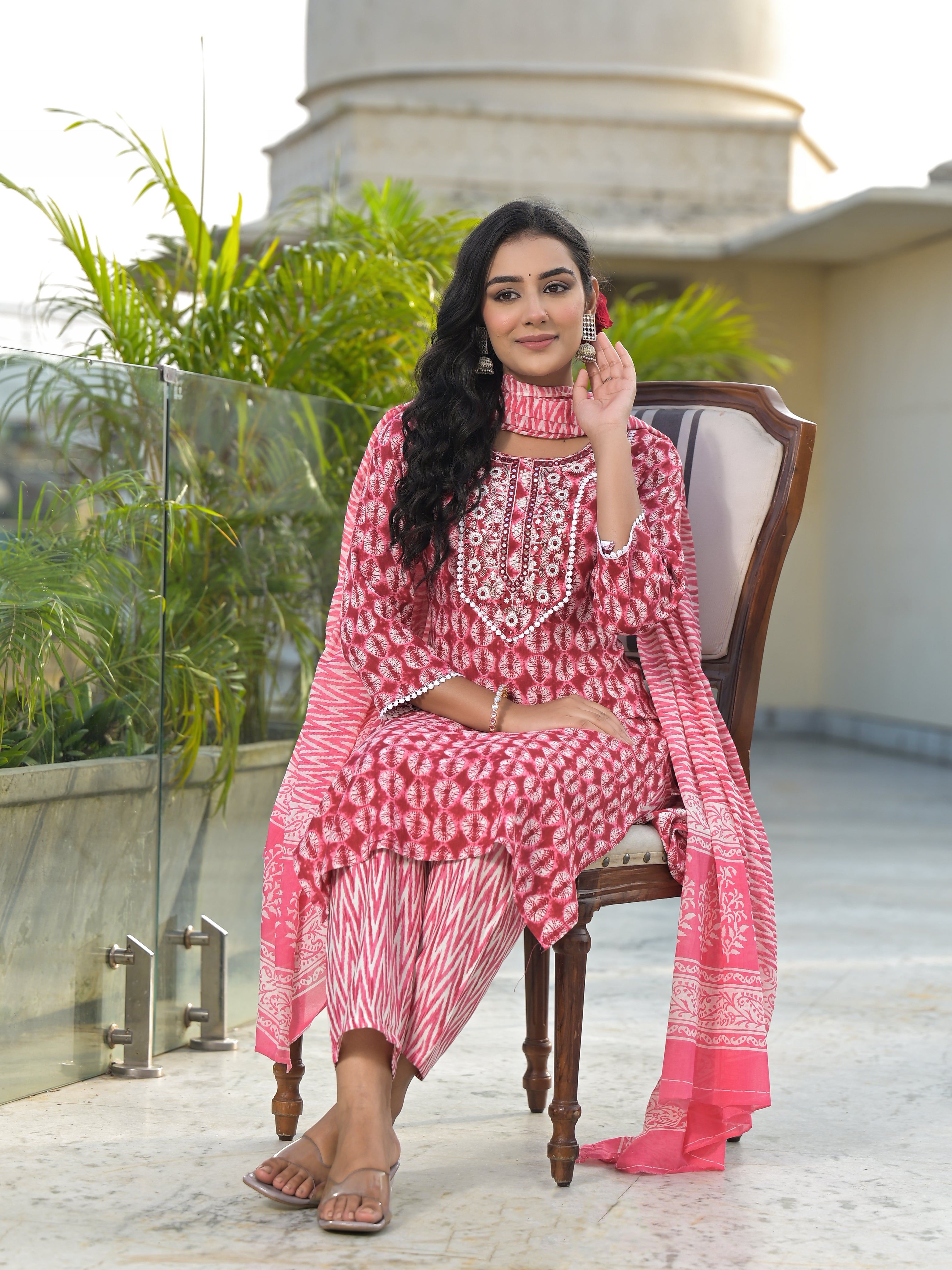 Women Rayon Red Yoke Embroidery & Printed Kurta Pant with Dupatta Set