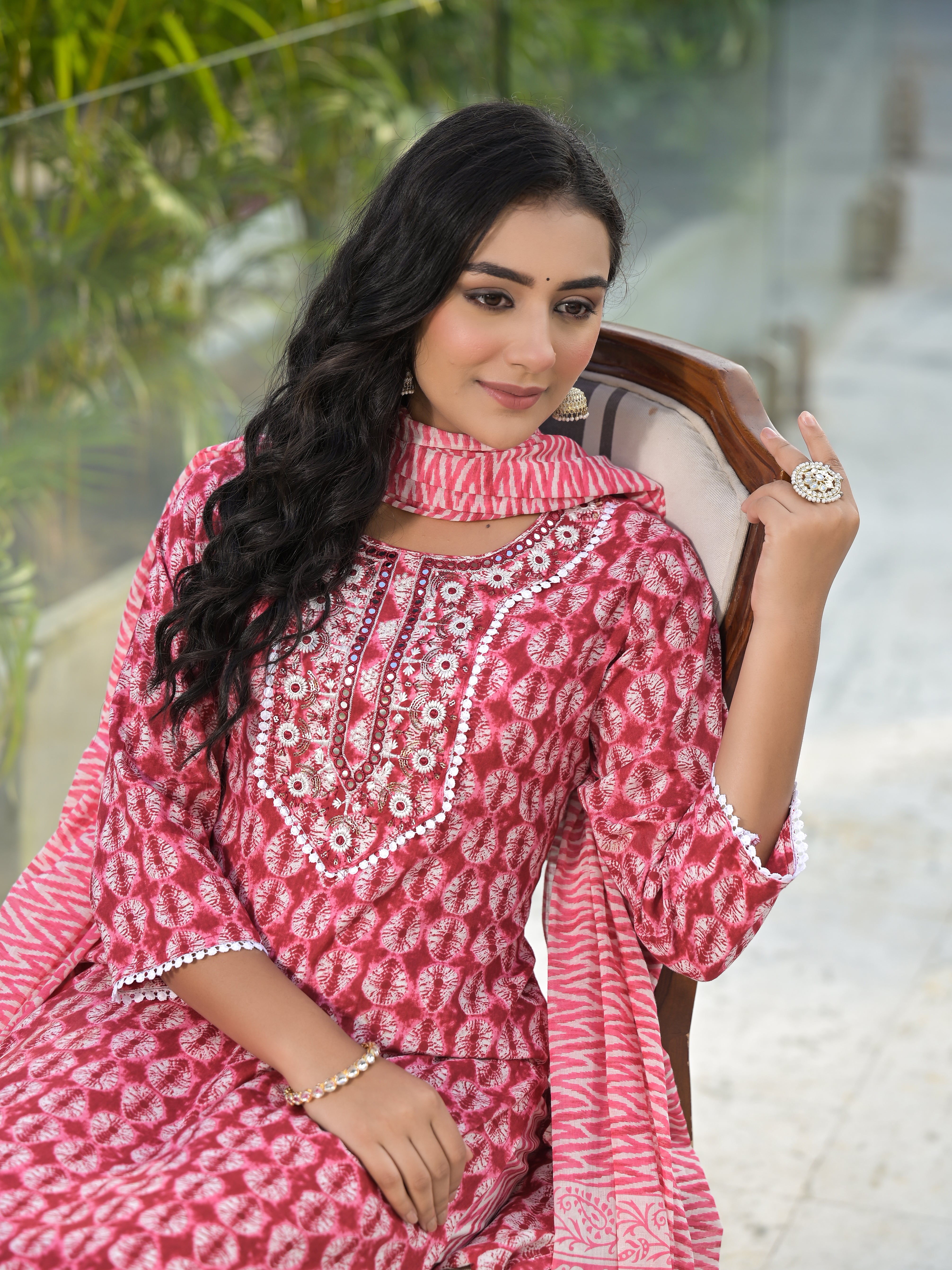 Women Rayon Red Yoke Embroidery & Printed Kurta Pant with Dupatta Set