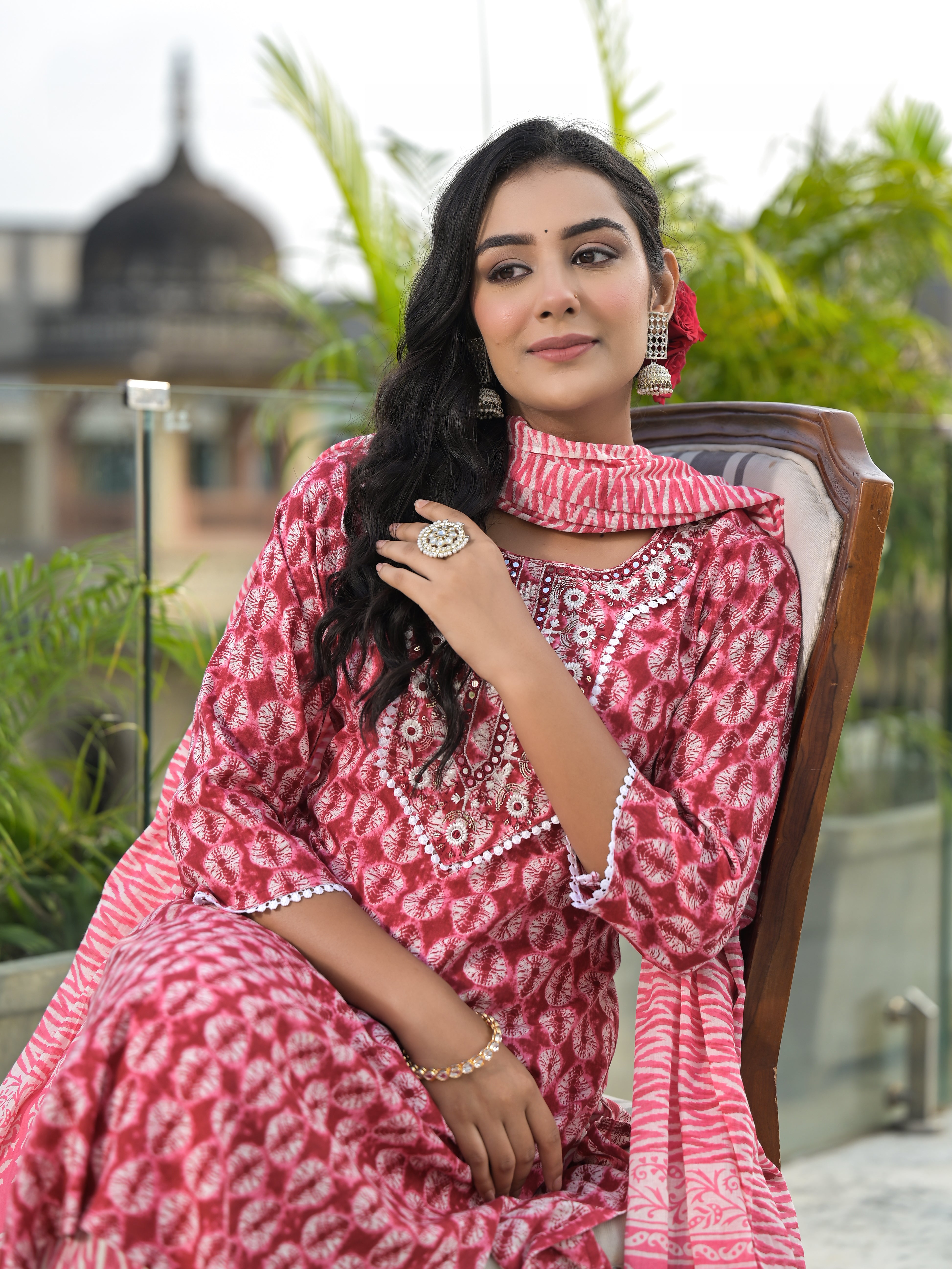 Women Rayon Red Yoke Embroidery & Printed Kurta Pant with Dupatta Set