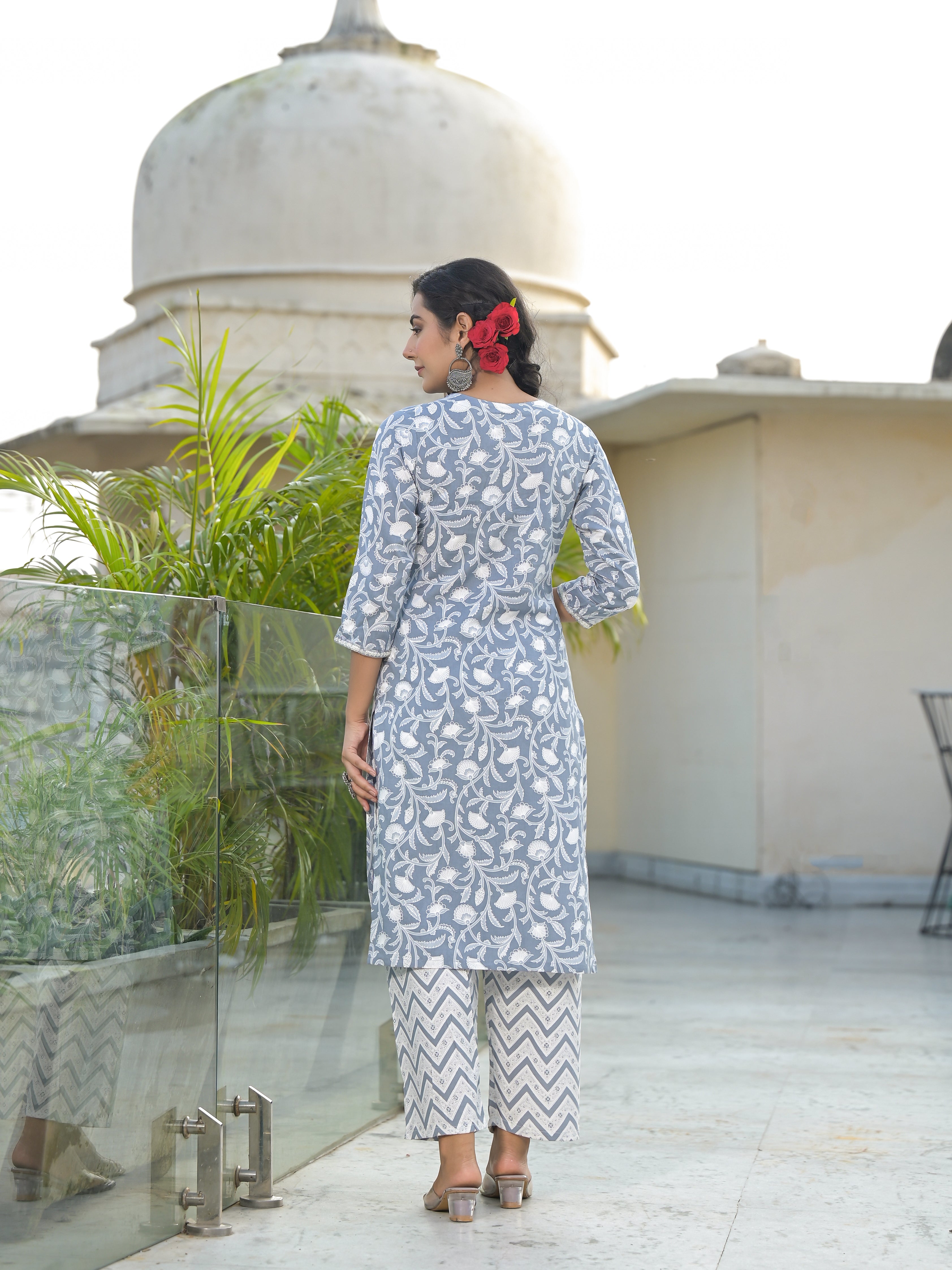 Women Rayon Grey & White Yoke Embroidery & Printed Kurta Pant with Dupatta Set